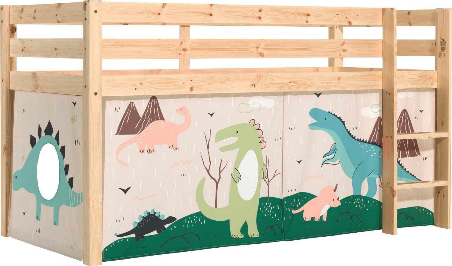 Vipack Spielbett Pino, Kiefer massiv, mit Rolllattenrost u. Textil-Set, Made in Europe (B/H/T ca. 210x114x106cm, mit Leiter und Absturzschutz), verschiedene Textil Dessins, 3 Gestellfarben zur Wahl