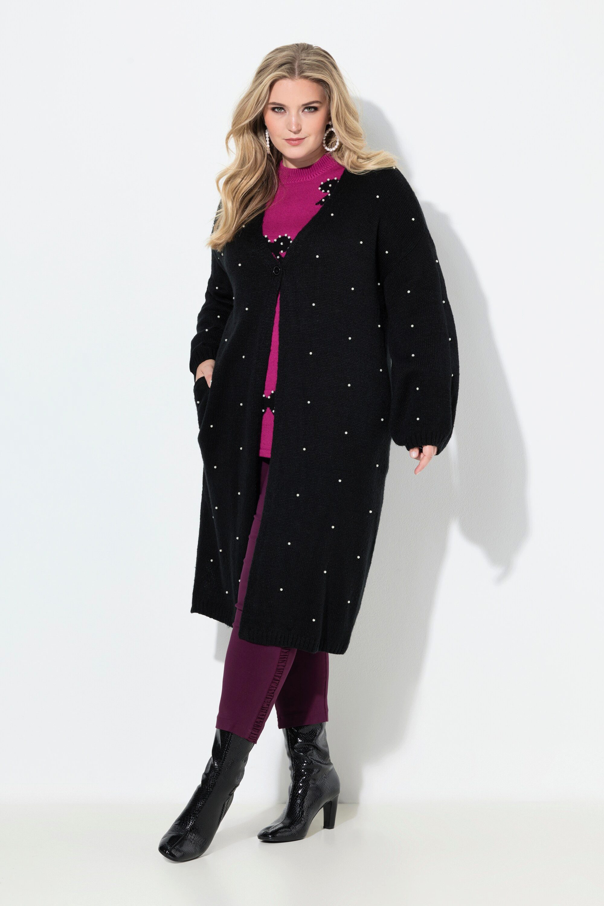 MIAMODA Cardigan Long-Strickjacke Zierperlen Ballon-Langarm günstig online kaufen