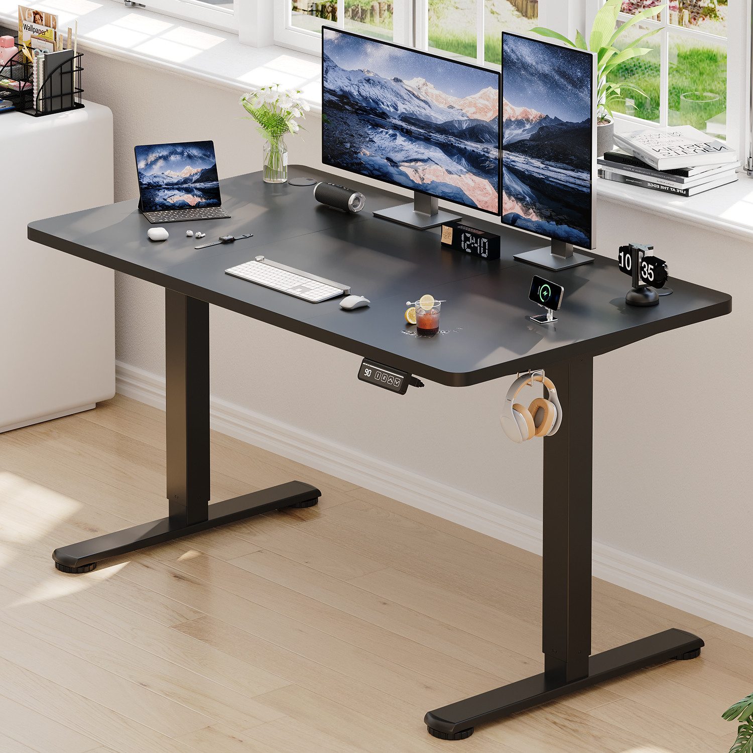 HOMALL Schreibtisch Höhenverstellbar elektrischer Memory-Funktion 100/120/140/160/180cm (Zweistufige Hohenverstellung Ergonomischer Kopfhorerhaken und Kabelhalterung)
