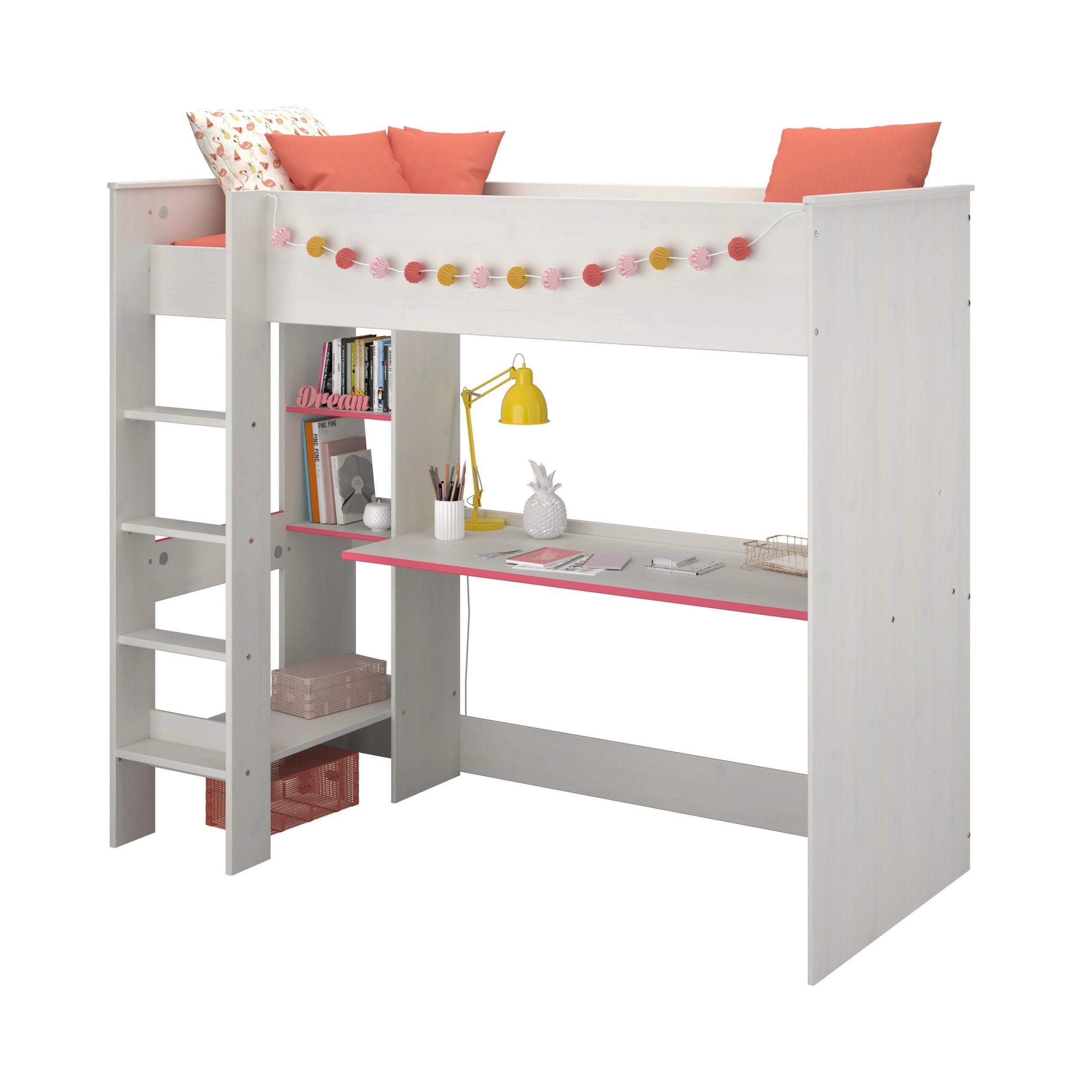 Parisot Etagenbett Parisot Smoozy 3b-Hochbett Etagenbett in Weiß u. Pink 90x200