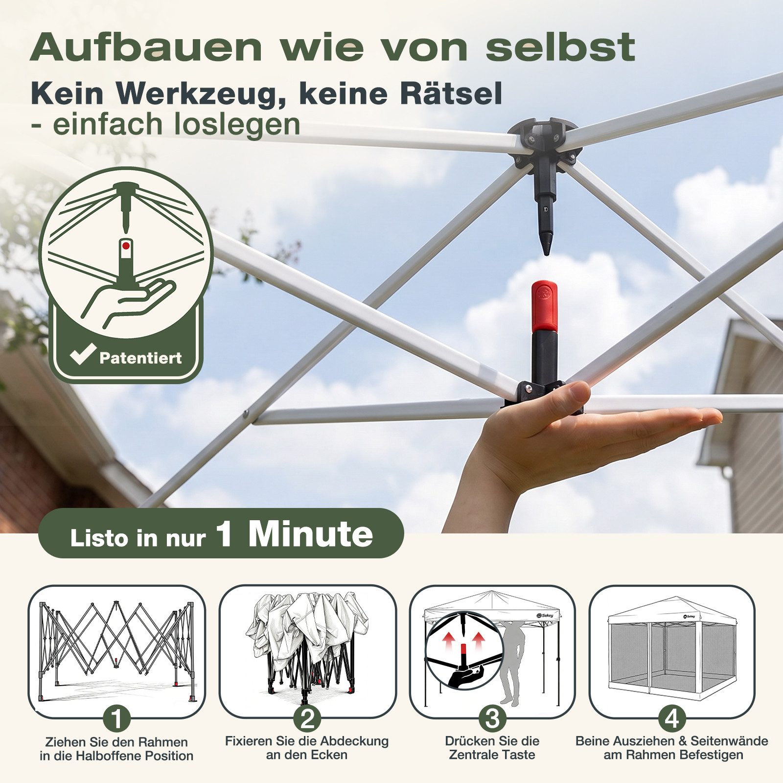 Sekey Faltpavillon Pop Up Pavillon 3x3 m mit Moskitonetz, Gartenpavillon mit 4 Sandsäcke, Pavillon Wasserdicht, Höhenverstellbar, für Garten Party Camping