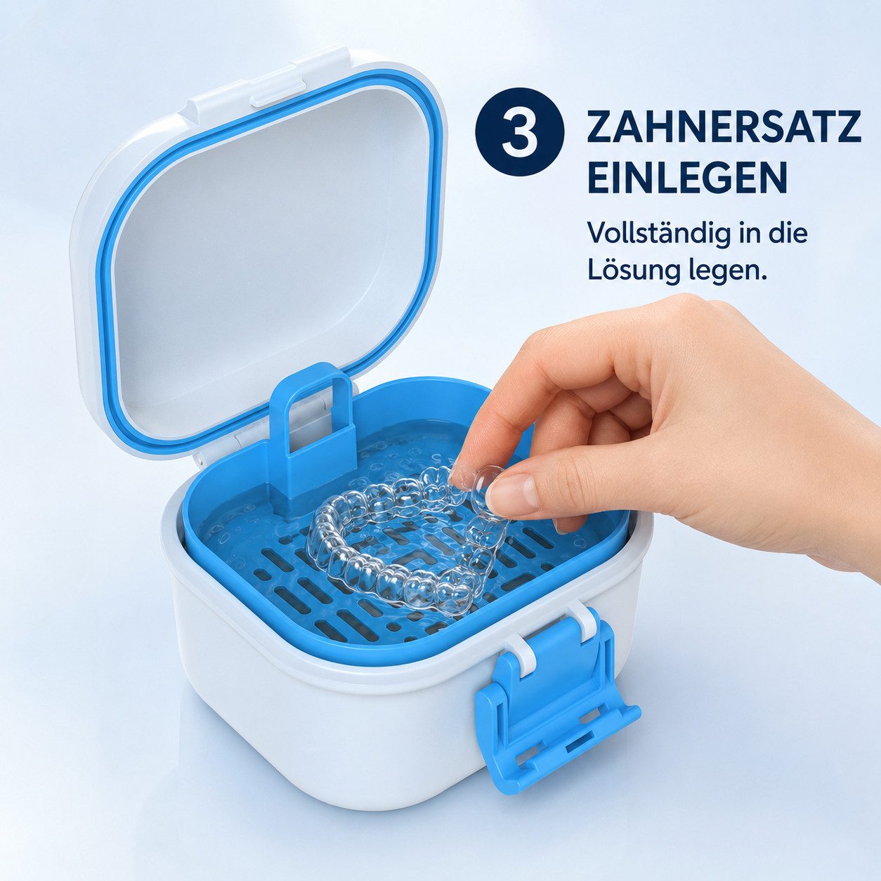 Luckice Zahndose Zahnprothesen Aufbewahrungsbox mit Einweichsieb (Set, 1 St., Einschichtige Zahnersatz-Reinigungsbox mit Verschlussclip), Mit Sieb zum Einweiche – Bild 3 von 5
