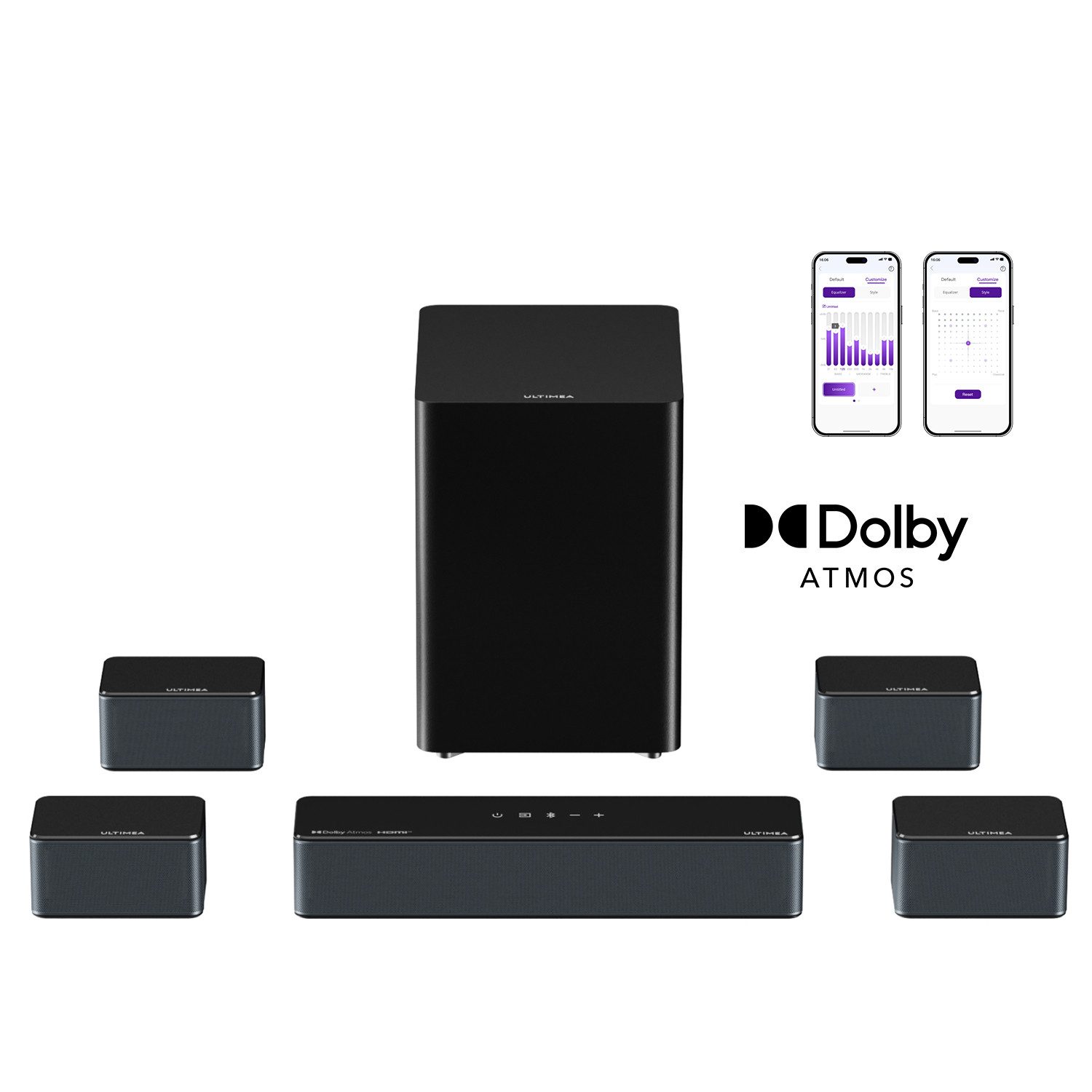 Ultimea Poseidon D80 Boom 7.1 Soundsystem Dolby Atmos (HDMI, Bluetooth, 500 W, 4 Surround-Lautsprecher + 6,5" Subwoofer (33 % mehr Bass)