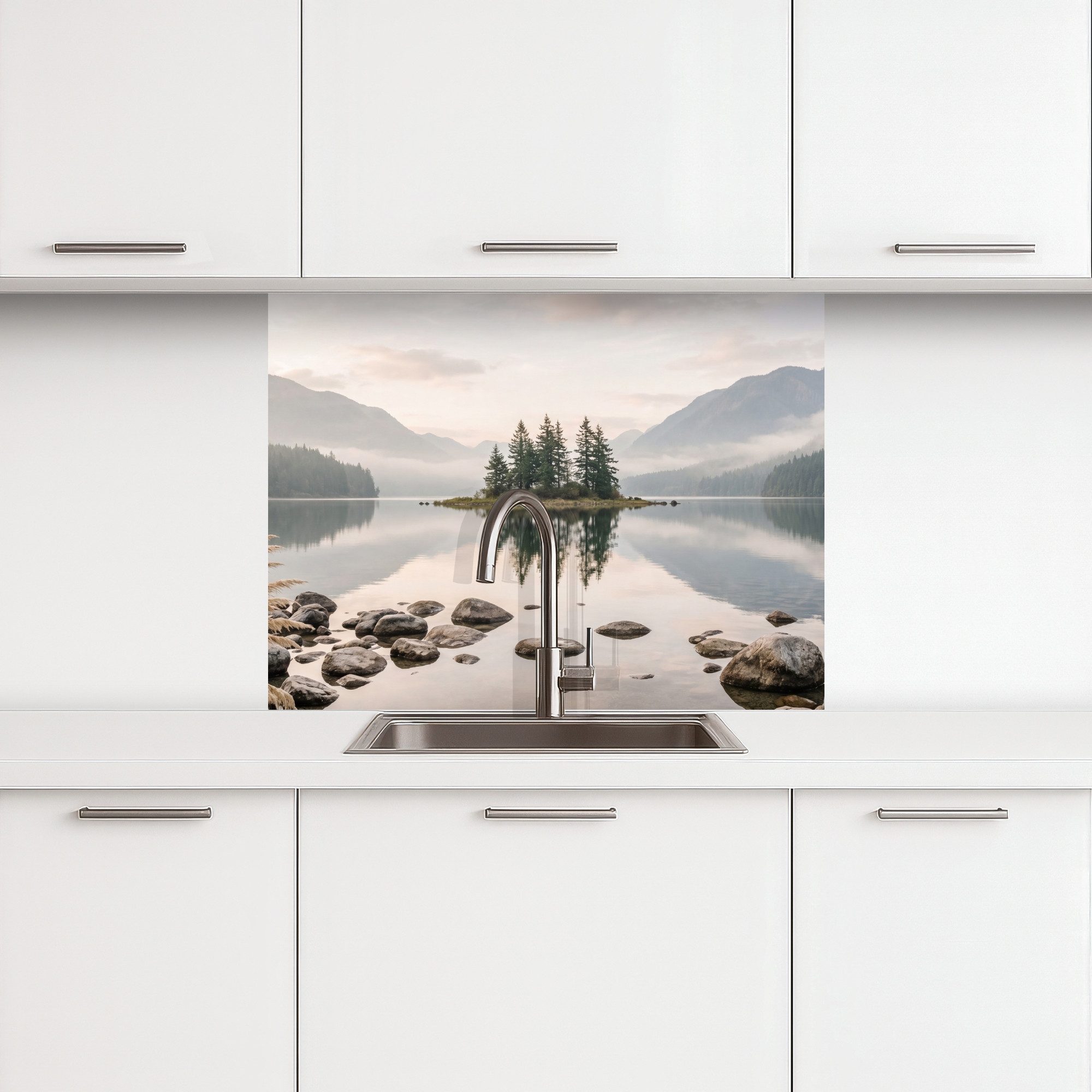 KitchenYeah Küchenrückwand selbstklebend (keine Folie) See - Berge - Landschaft - Grün, (1-tlg), Spritzschutz, Küche, Rückwand, Küchenwand, Küchenfront, 80x60 cm