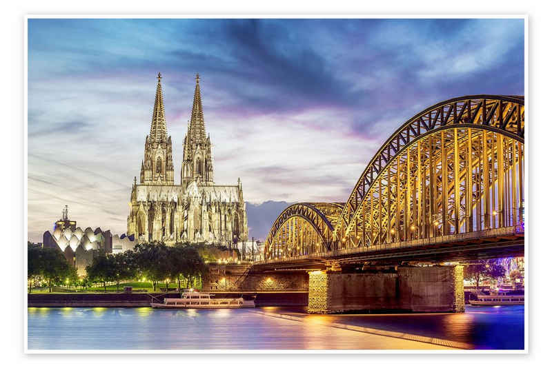 Posterlounge Poster Editors Choice, Beleuchteter Dom in Köln mit Brücke und Rhein, Fotografie