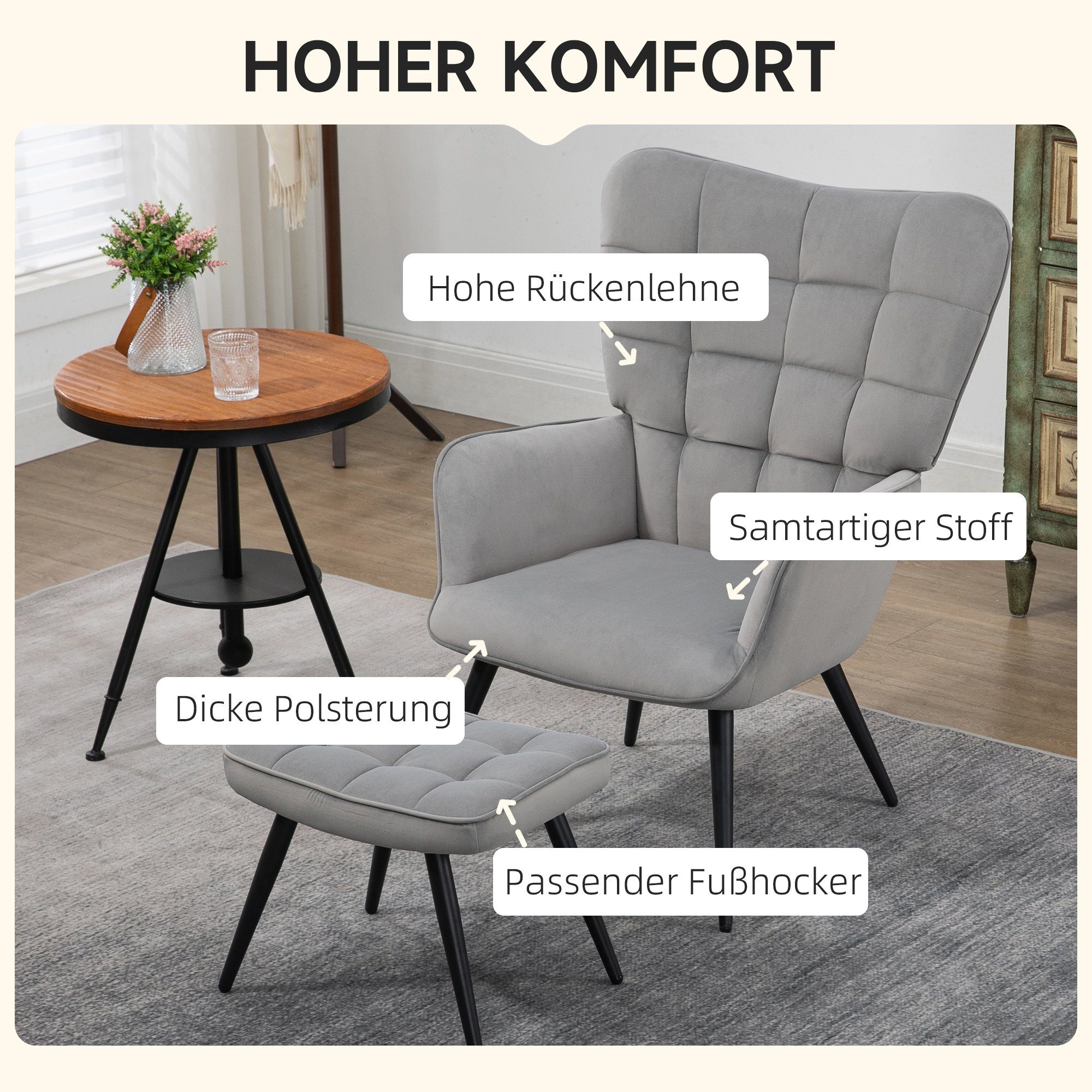 mit HOMCOM Loungesessel, Wohnzimmer, Einzelsessel, Samtoptik | Fernsehsessel), Polstersessel 120 Hellgrau Hellgrau kg, 2-St., bis für Dunkelgrau (Esszimmerstuhl, Relaxsessel