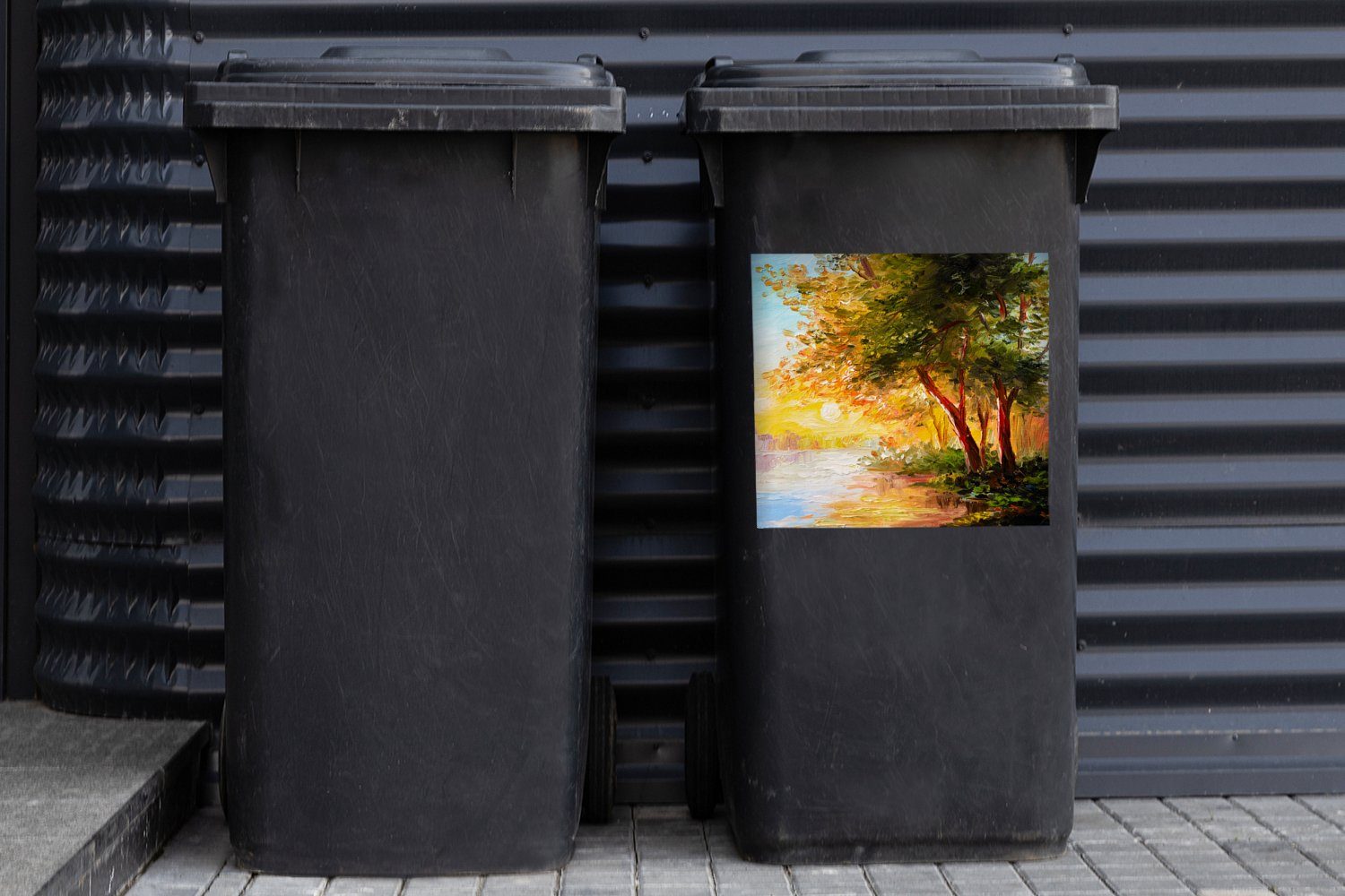 St), Natur Wandsticker Wasser - Mülleimer-aufkleber, - - MuchoWow Baum Malerei Mülltonne, Container, (1 Abfalbehälter Sticker,