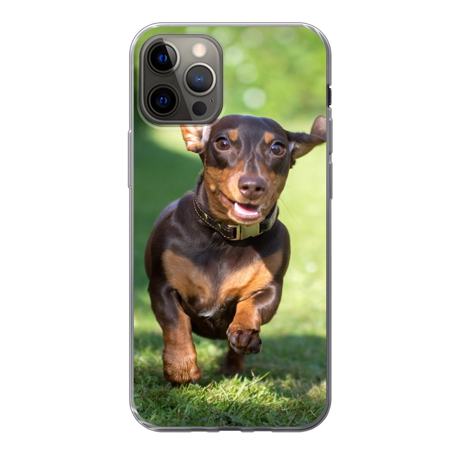 MuchoWow Handyhülle für Apple iPhone 12 Pro Ein sprintender Dackel, Smartphone-Bumper, Print, Handy Schutzhülle Dünn