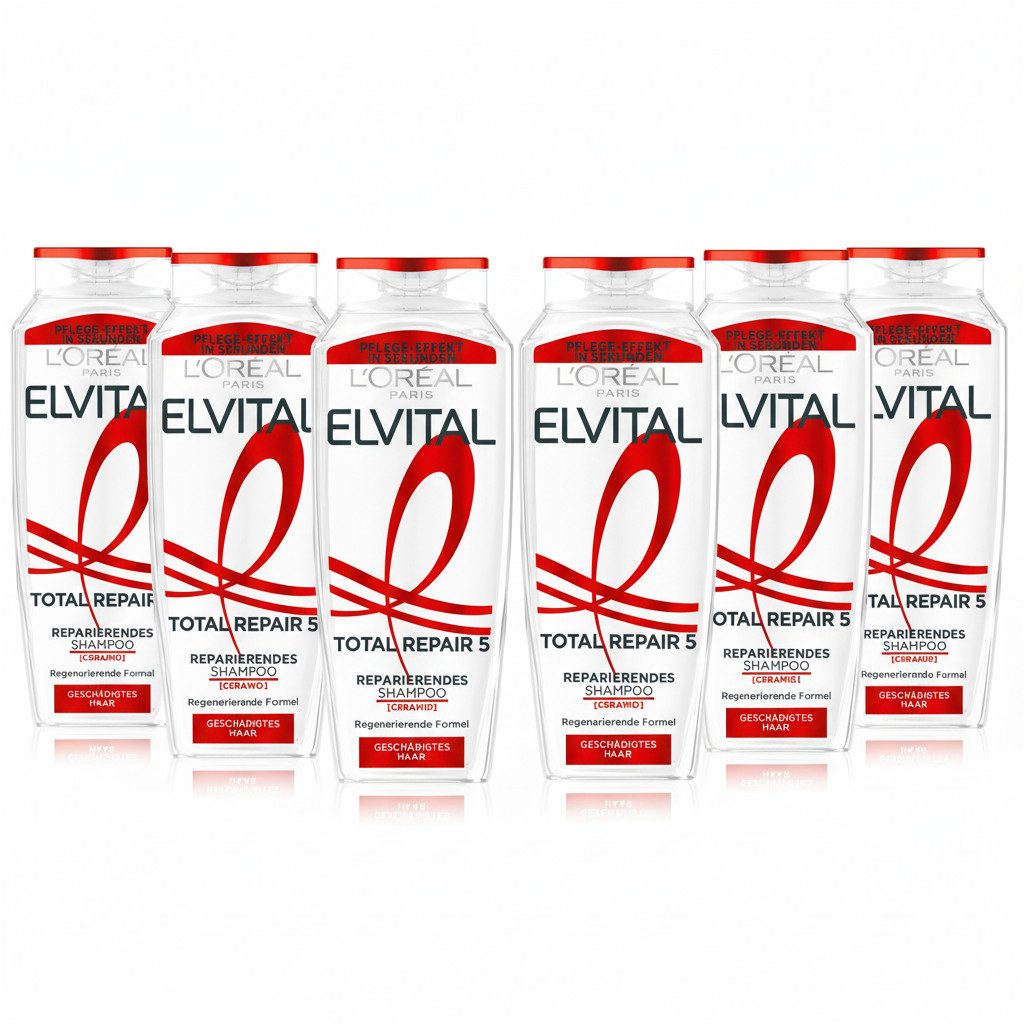 L'ORÉAL PARIS Haarshampoo L'Oréal Paris Elvital Total Repair 5 Shampoo, Packung, 6-tlg., Sorgt für Struktur-Aufbau, Widerstandskraft, Vitalität und mehr.