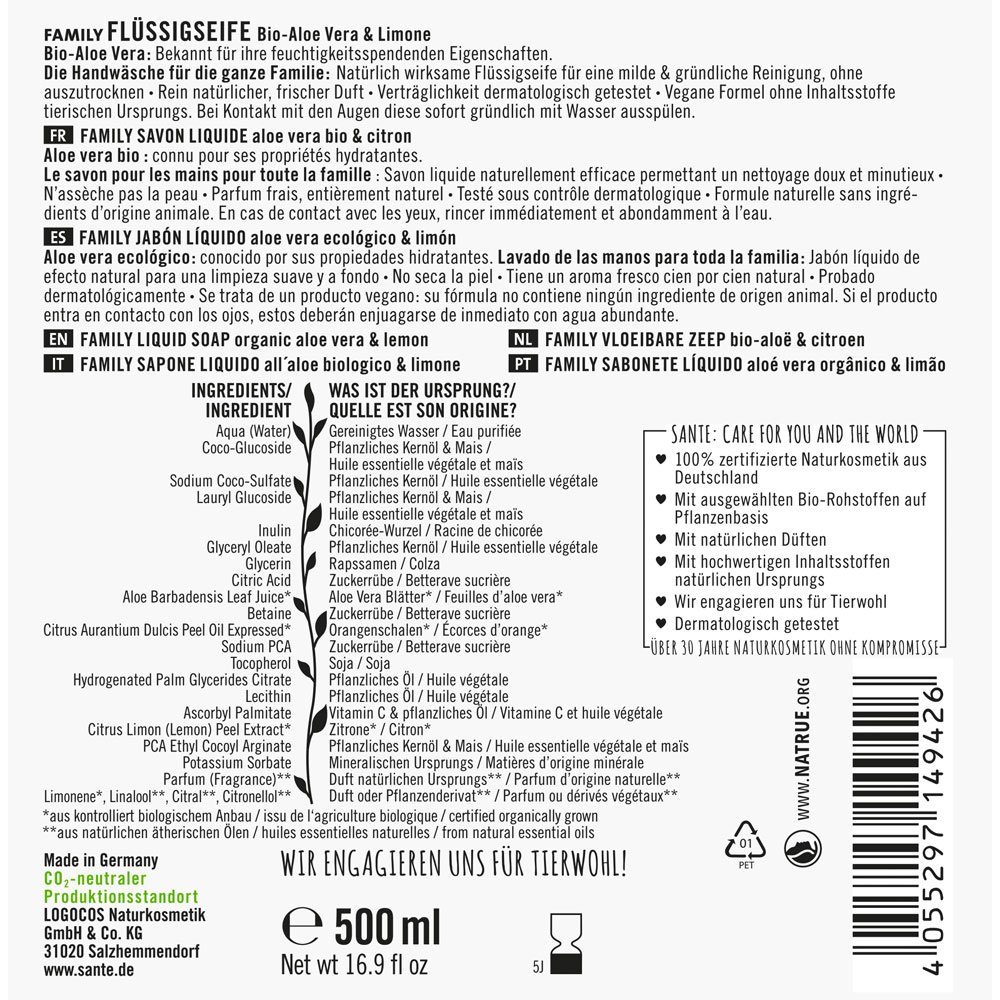 SANTE Handseife FAMILY Bio-Aloe Vera Limone, 500 ml