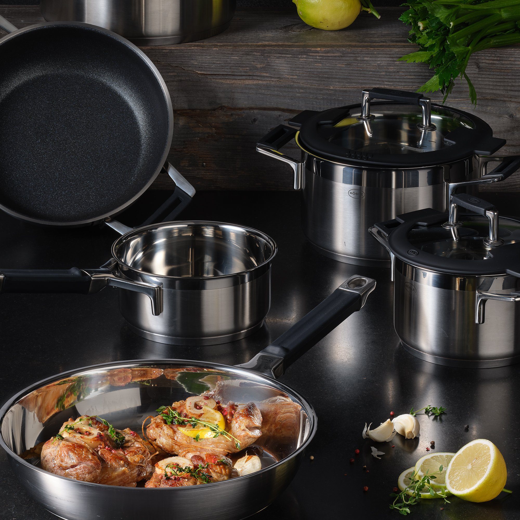 RÖSLE Kochtopf RÖSLE Topfset 5tlg. Silence Pro Edelstahl mit 24 cm Bratpfanne