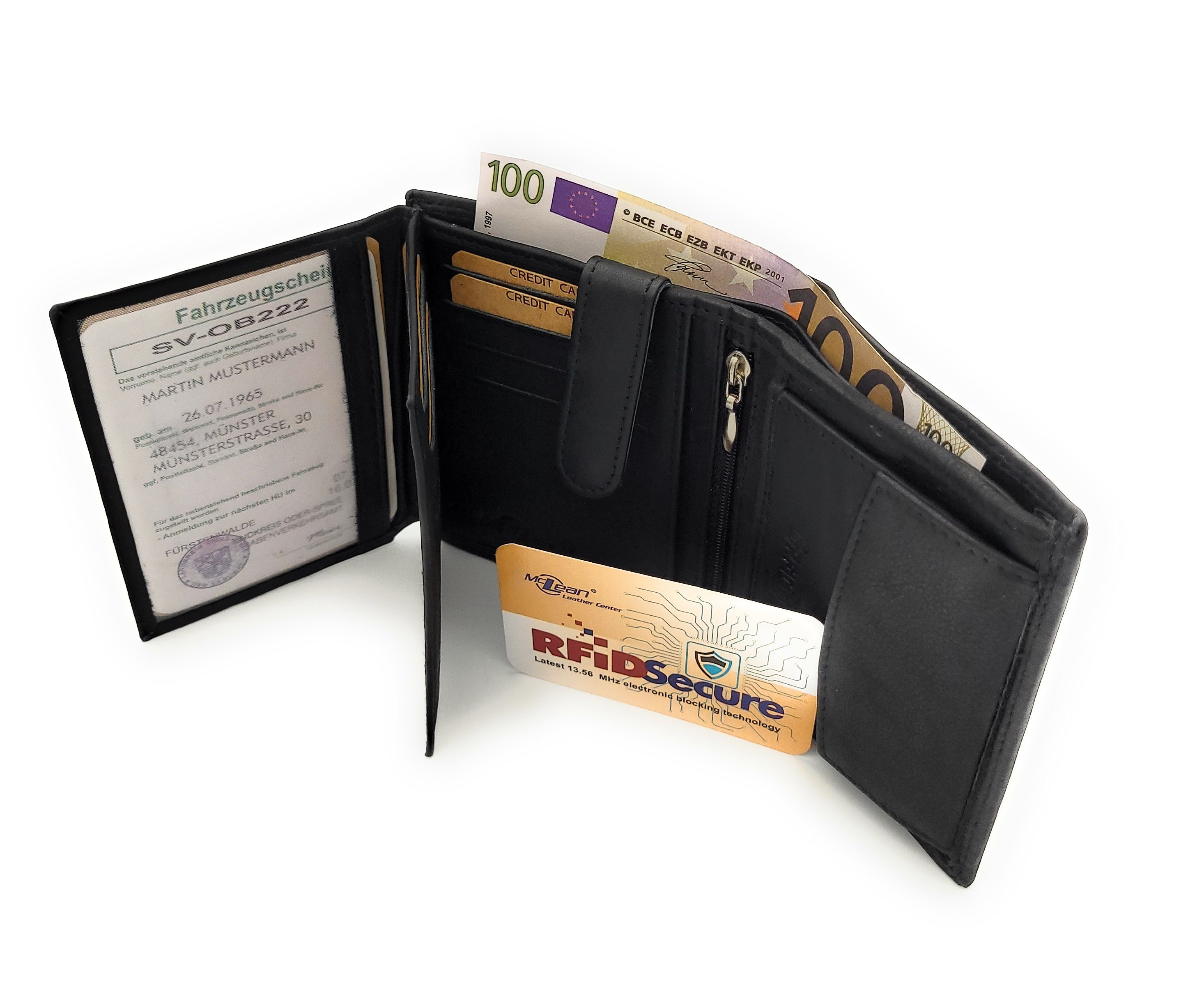 McLean Geldbörse echt Leder Portemonnaie, mit RFID Schutz, Volllederausstattung, Fach für KFZ Papiere, Innenriegel, umfangreiche Ausstattung | Geldbörsen