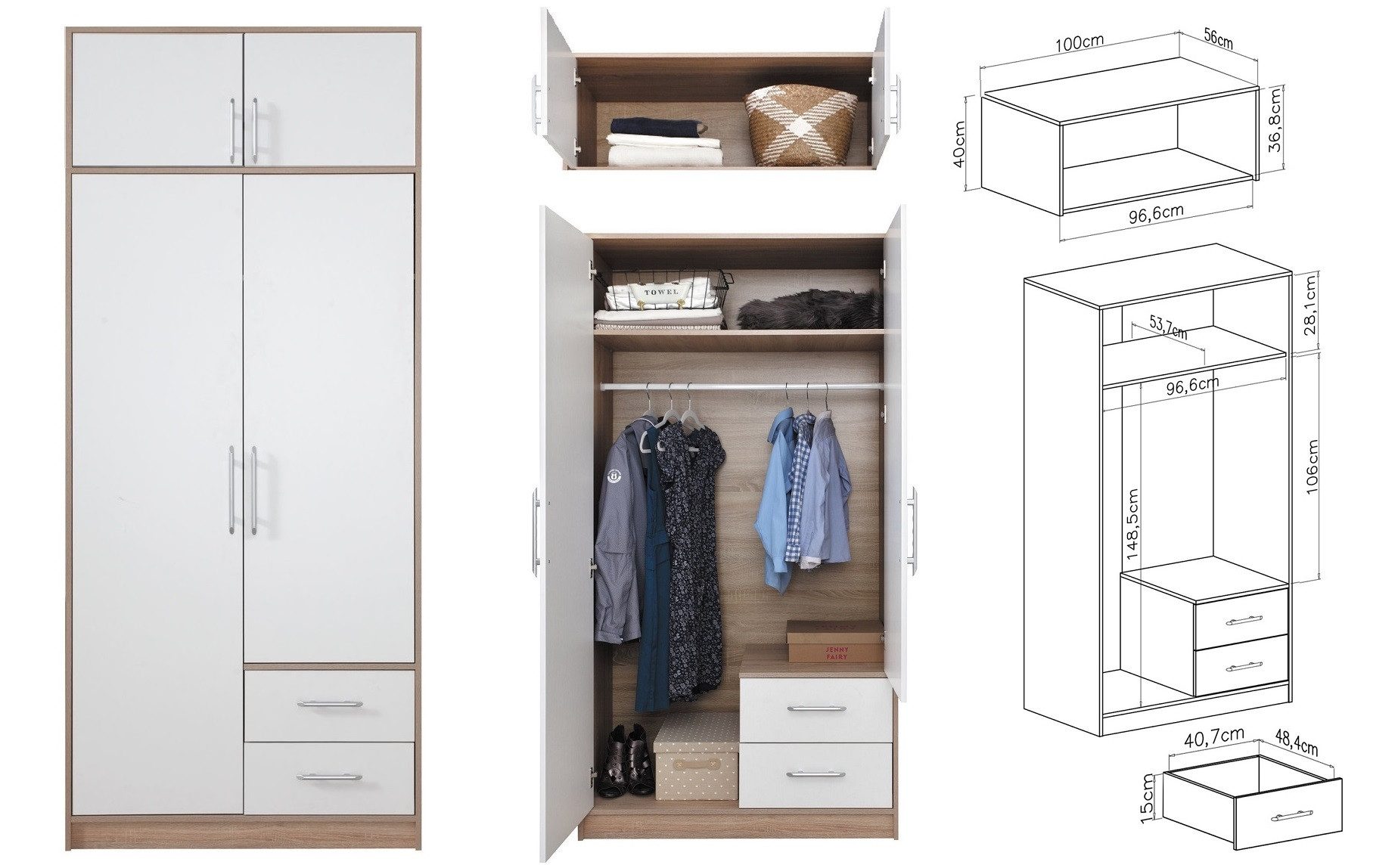 Marmex Möbel Garderobenschrank SMART 3+Spiegel/N Drehtürenschrank Kleiderschrank 100 x 230 x 56 (2-St) Schrankaufsatz, 2 Schubladen