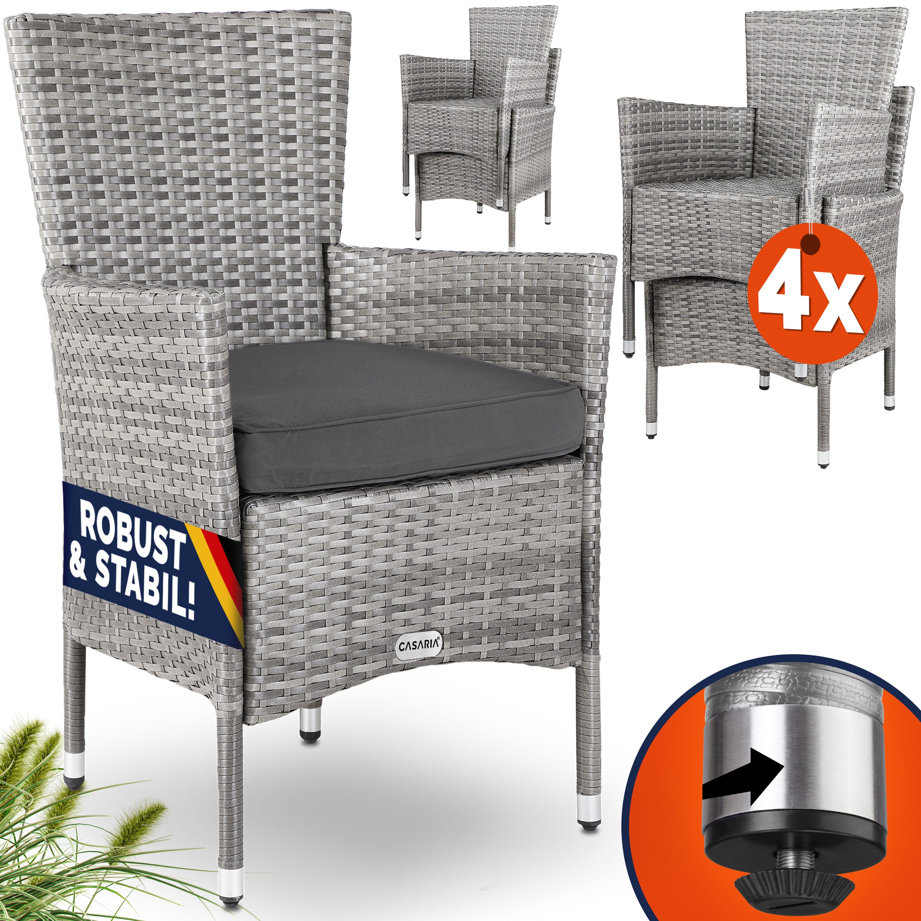 Casaria Gartenstuhl (4 St), Polyrattan 4er Set Stapelbar 7 cm Auflagen 160 kg Belastbarkeit