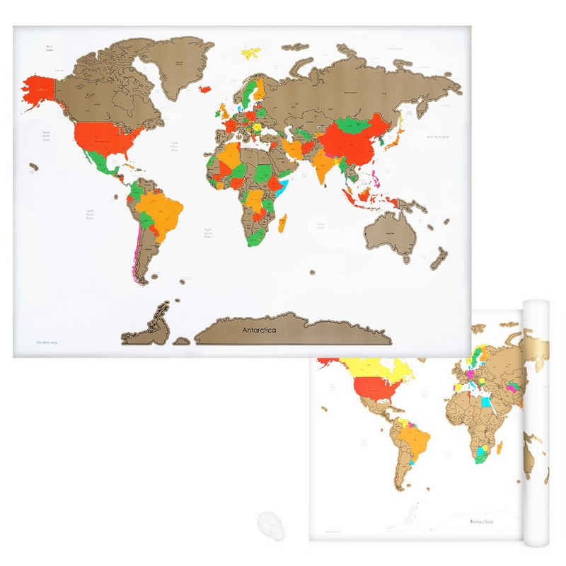 Navaris Wandtafel, Weltkarte Landkarte zum Rubbeln - 82 x 59 cm Rubbelkarte mit Rubbelchip - Scratch Off World Map Poster English
