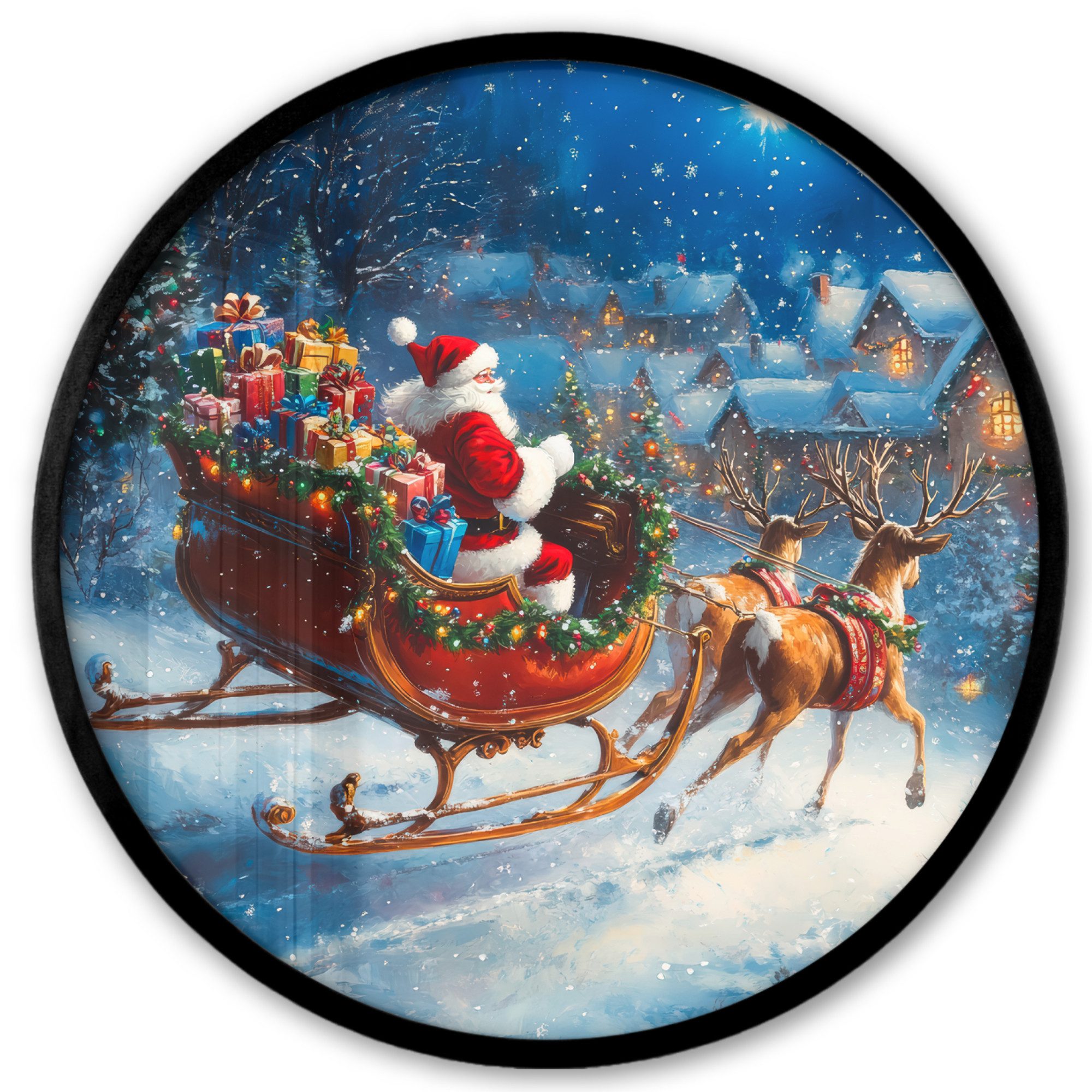 MuchoWow Плакат Rund - Weihnachtsmann - Rentier - Weihnachten - Schnee, (1 St), Runde Wandbilder, Deko für Wohnzimmer und Schlafzimmer, 40x40 cm