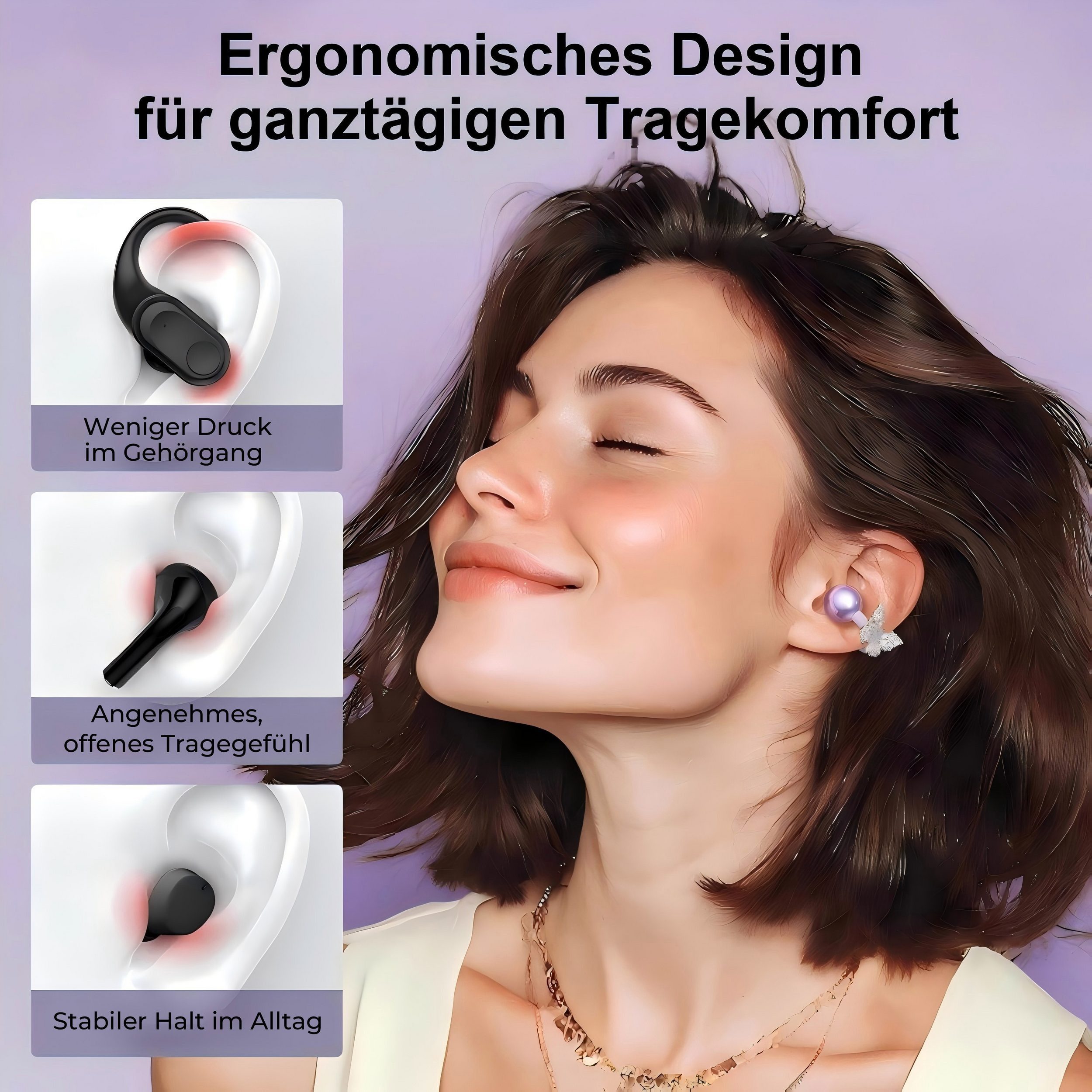 Futicare Bluetooth 5.4 Clip-On Kopfhörer mit LCD-Touchcase, Open-Ear-Kopfhörer (leichte Ohrclip-Kopfhörer, mit 14,2-mm-Treiber, ENC & 60 Std. Laufzeit)