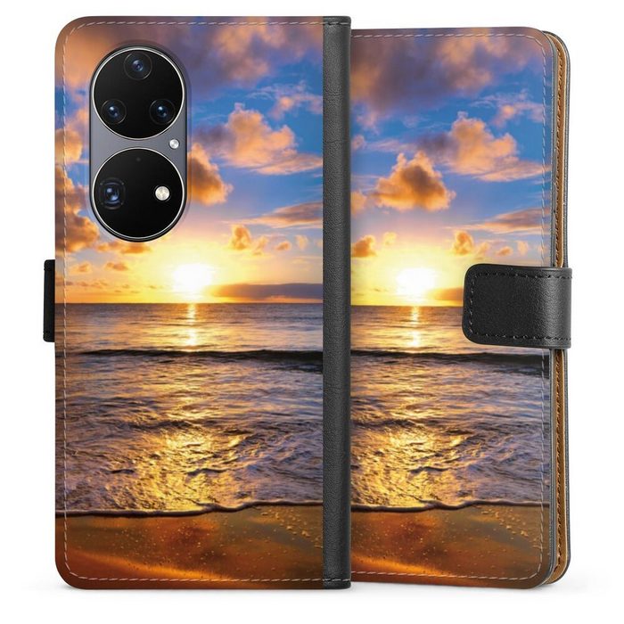 DeinDesign Handyhülle Meer Sonnenuntergang Strand Strand Huawei P50 Pro Hülle Handy Flip Case Wallet Cover Handytasche Leder