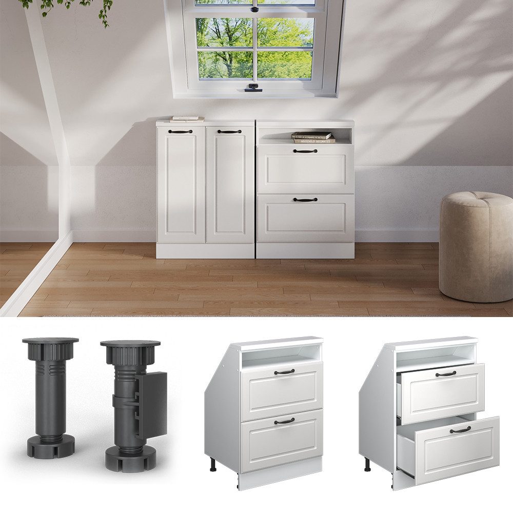 Vicco Unterschrank R-Line, Weiß Landhaus/Weiß, 60 cm mit 2 Schubladen (1-St)
