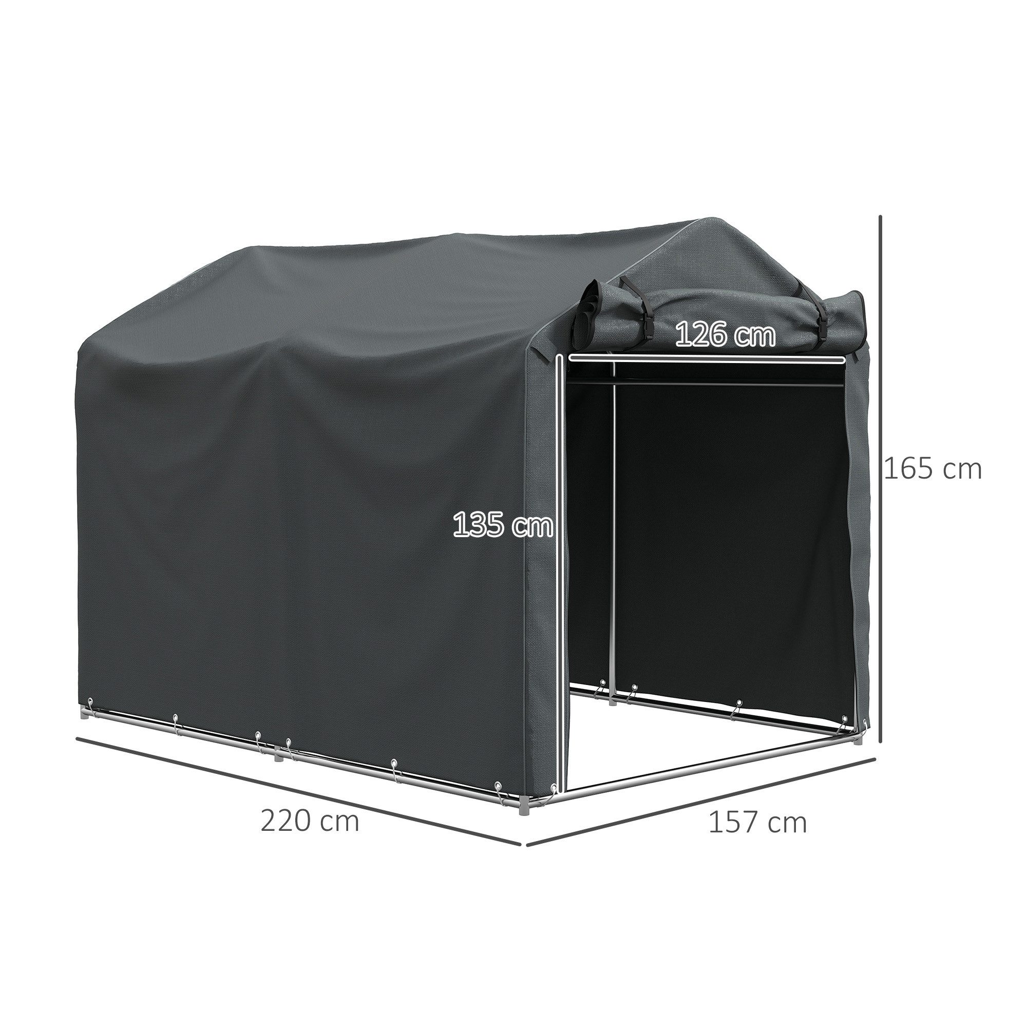 Outsunny Gerätezelt mit Rolltür, Personen: 3 (UV-beständig Fahrradabdeckung, 1 tlg., wasserdicht Zeltgarage), für Terrasse, Garten, 220 x 157 x 165 cm Dunkelgrau