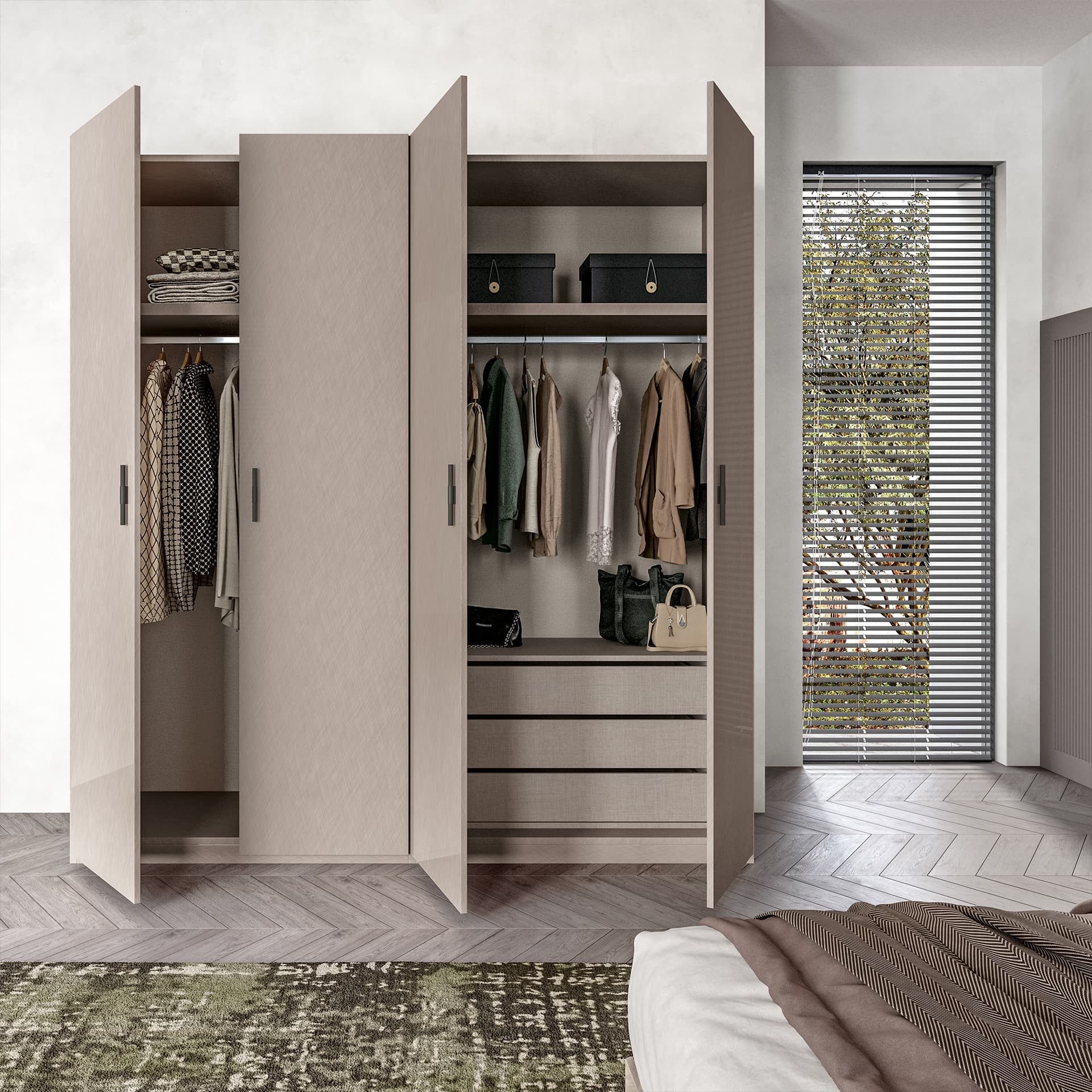 Interdesign24 Kleiderschrank Silvana (5-Türig, in Beige Hochglanz) Made in Italy