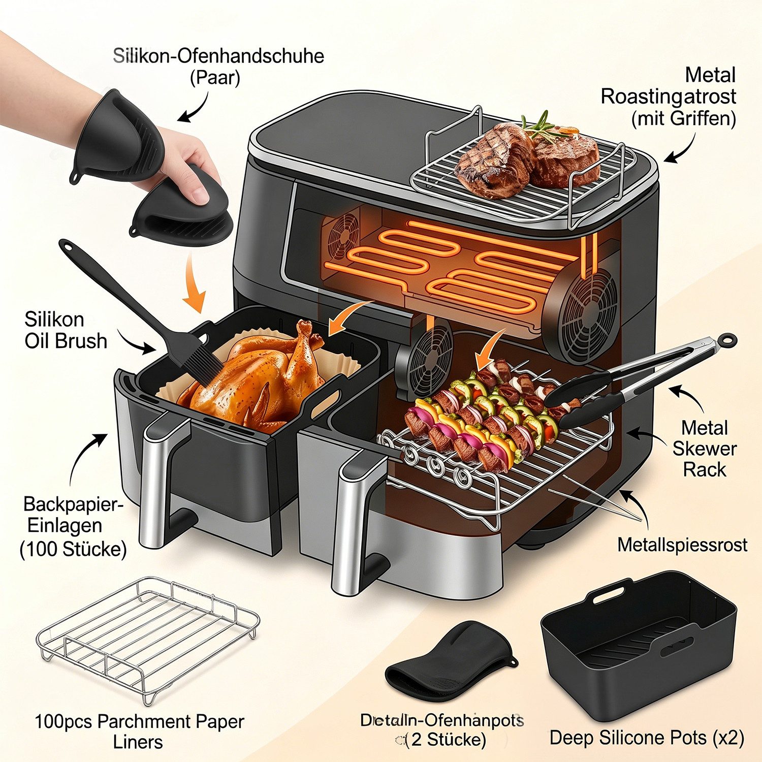 AKKEE Backform Heißluftfritteuse zubehör airfryer zubehör 13-teilig BPA-frei fürNinja, (13-tlg), 304Edelstahl, Lebensmittelechtes Silikon, BPA-Frei 13-tlg – Bild 3 von 5