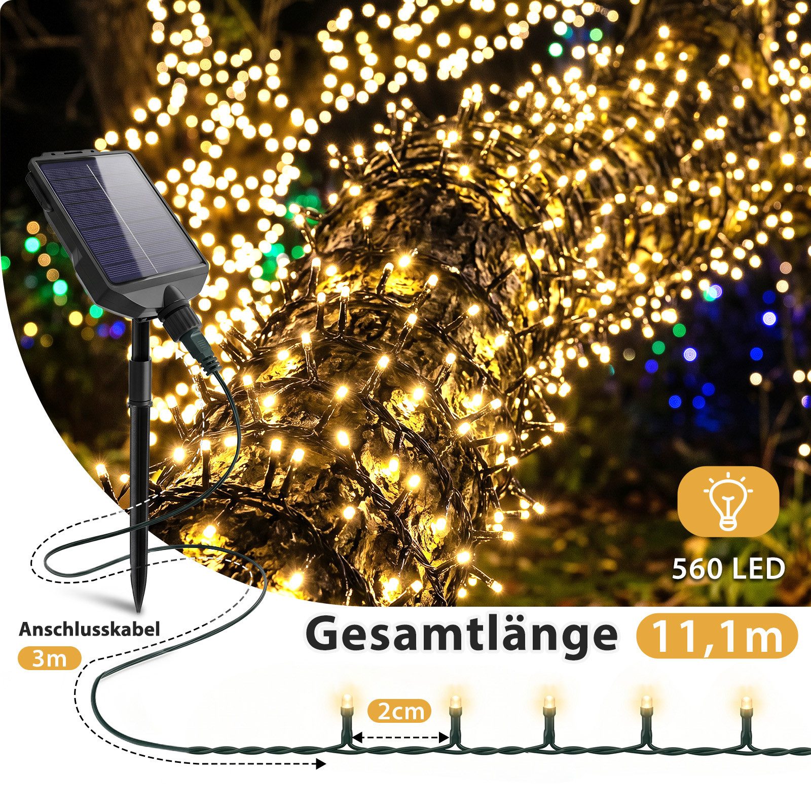 Salcar LED Solarleuchte LED Solar Lichterkette Außen 2cm LED-Abstand Solar Gartenleuchte, 11,1m 560er LED 13 Modi mit Fernbedienung Warmweiß Wasserdichte – Bild 5 von 5