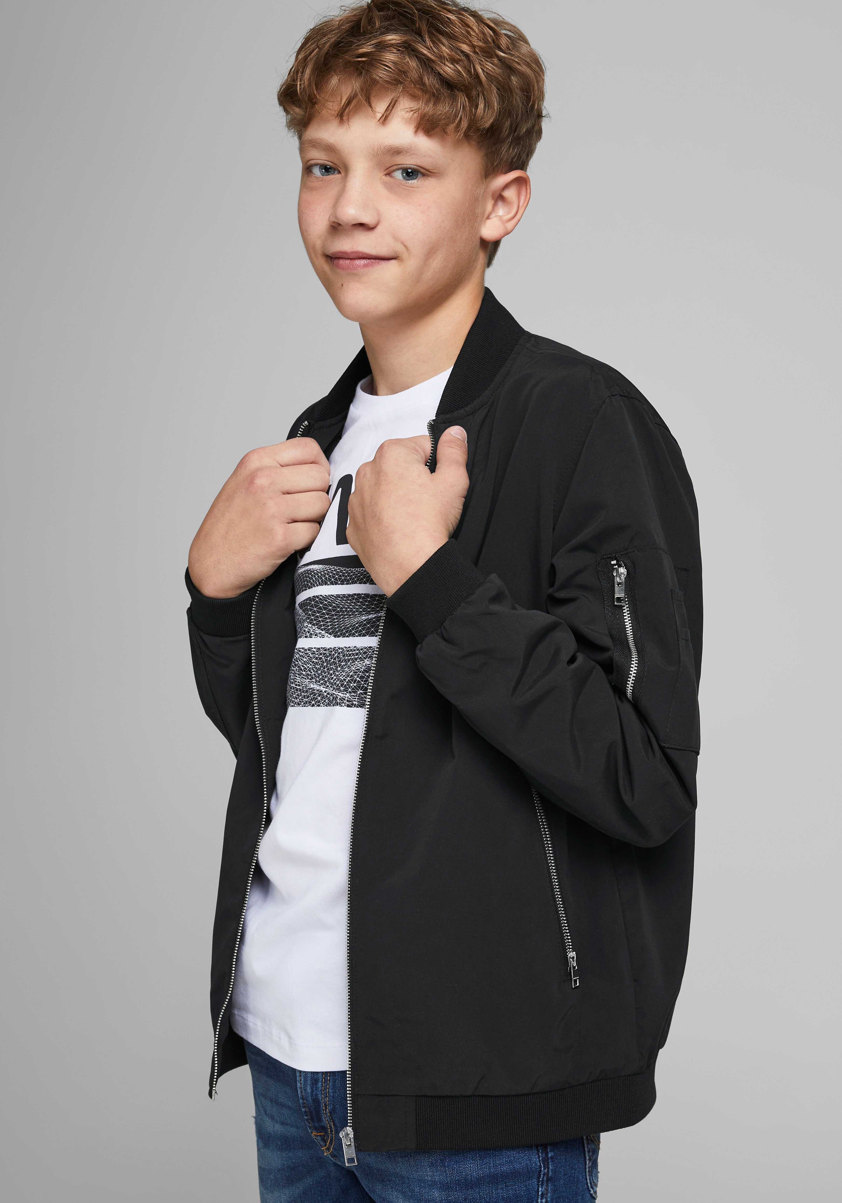 Jack & Jones Junior Bomberjacke JJERUSH windabweisend und pflegeleicht unifarben, modisch, regular fit, Web, Stehkragen