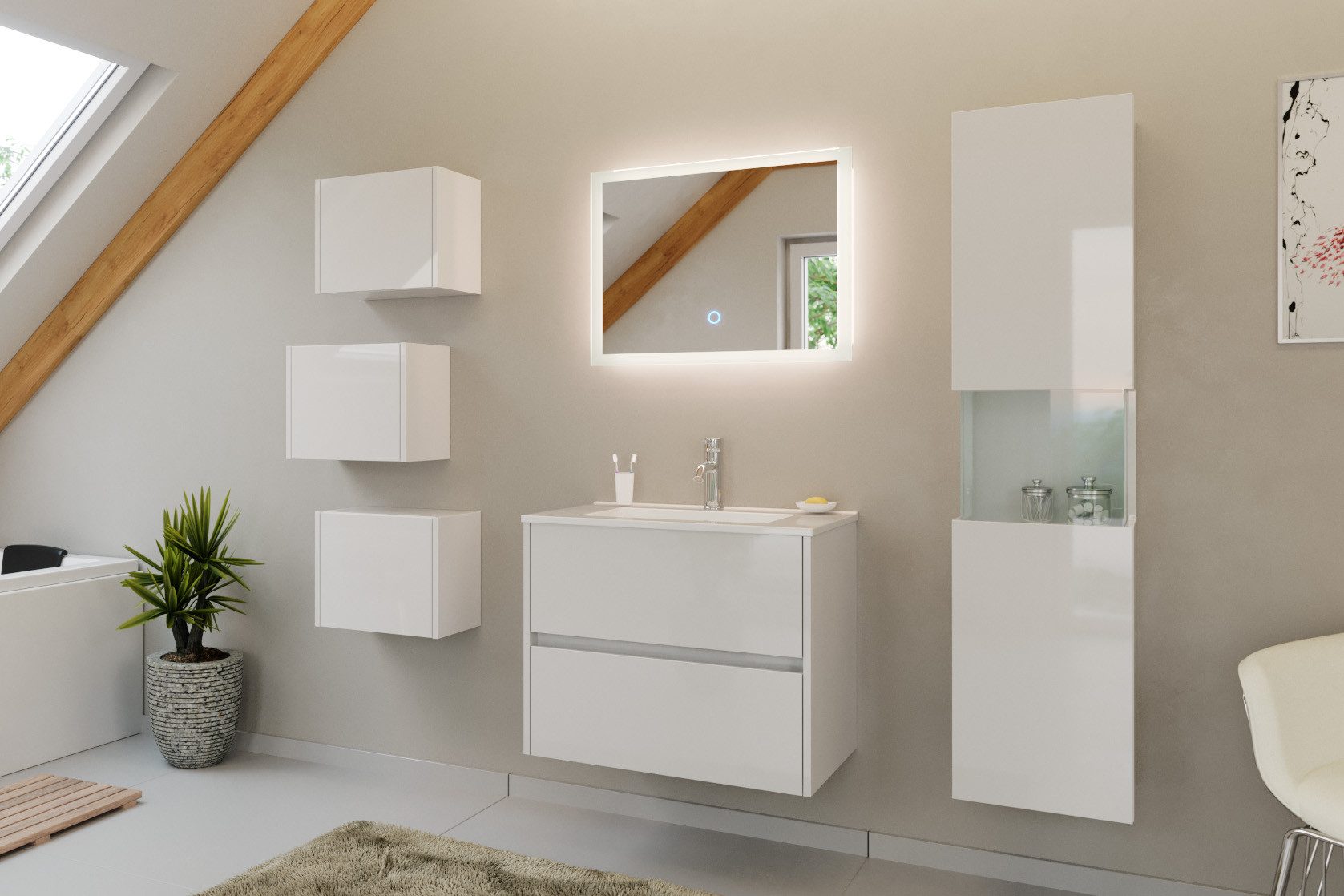 Magnolia Home Badmöbel-Set Badmöbel Set Taifun 4tlg. 70cm mit LED Spiegel 3er Boxen & Hochschrank
