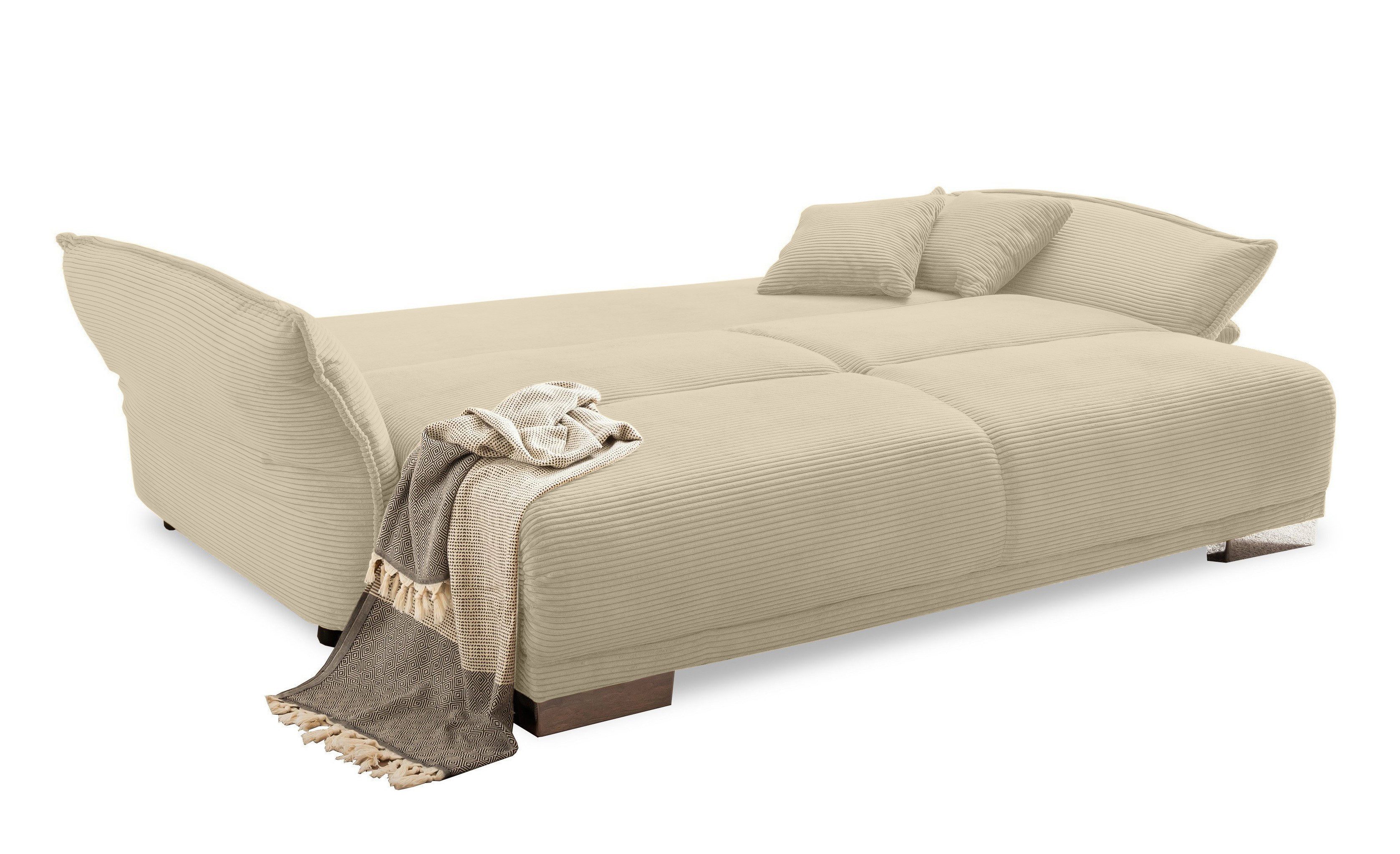 luma-home Big-Sofa 17215, mit Bettfunktion B242/T131/H90 cm, Liegefläche 168x199 cm, rasterlose Armlehnenverstellung, Federkernpolsterung, Wellenunterfederung, Stauraum, Kissen, Bezug Cord Beige Grau