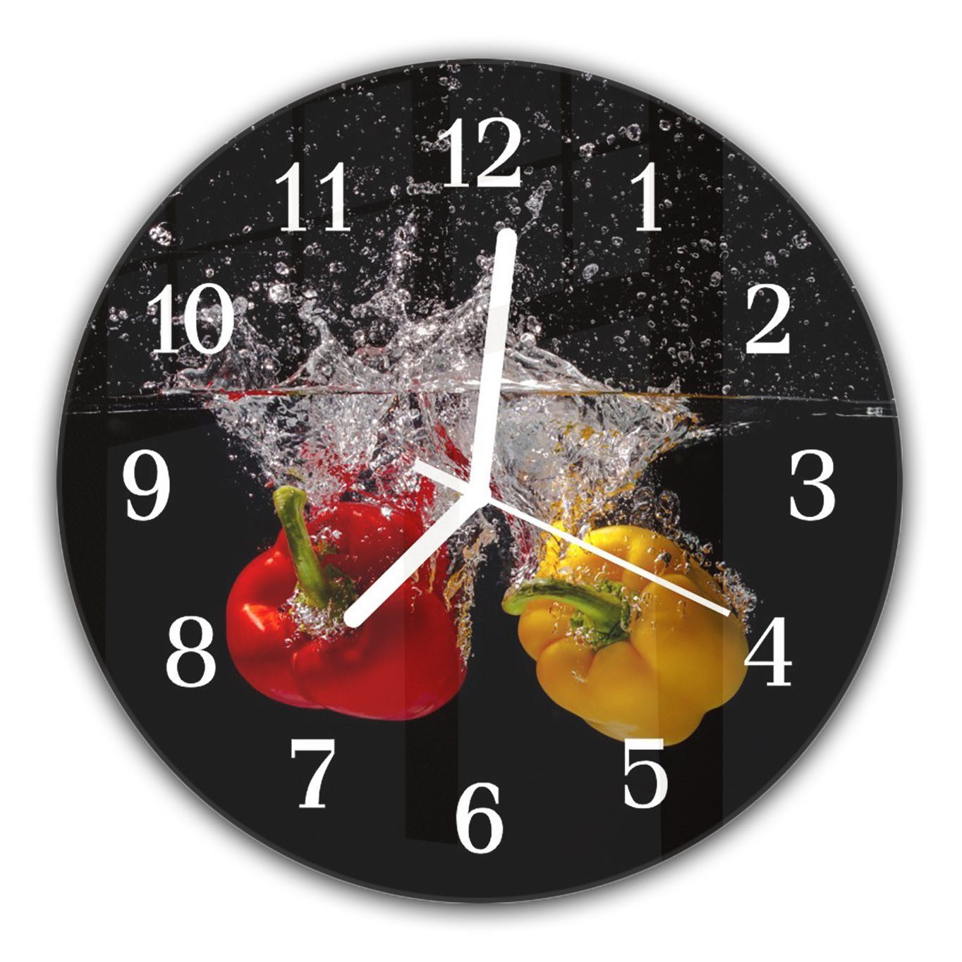 und ins Wanduhr cm Wanduhr Paprika Motiv Wasser mit fallend 30 Primedeco Glas - aus mit Rund Durchmesser Quarzuhrwerk