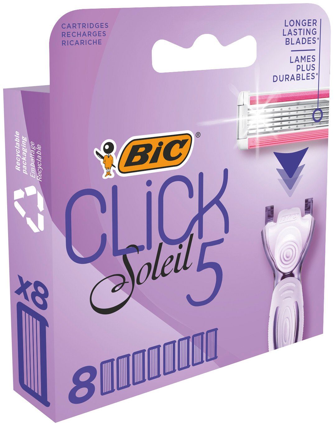 BIC Rasierklingen BIC Click 5 Soleil Damenrasierer Klingen-Nachfüllpackungen, Aloe Vera-Feuchtigkeits-Gleitstreifen – Box à 8 Klingen, 8-tlg.