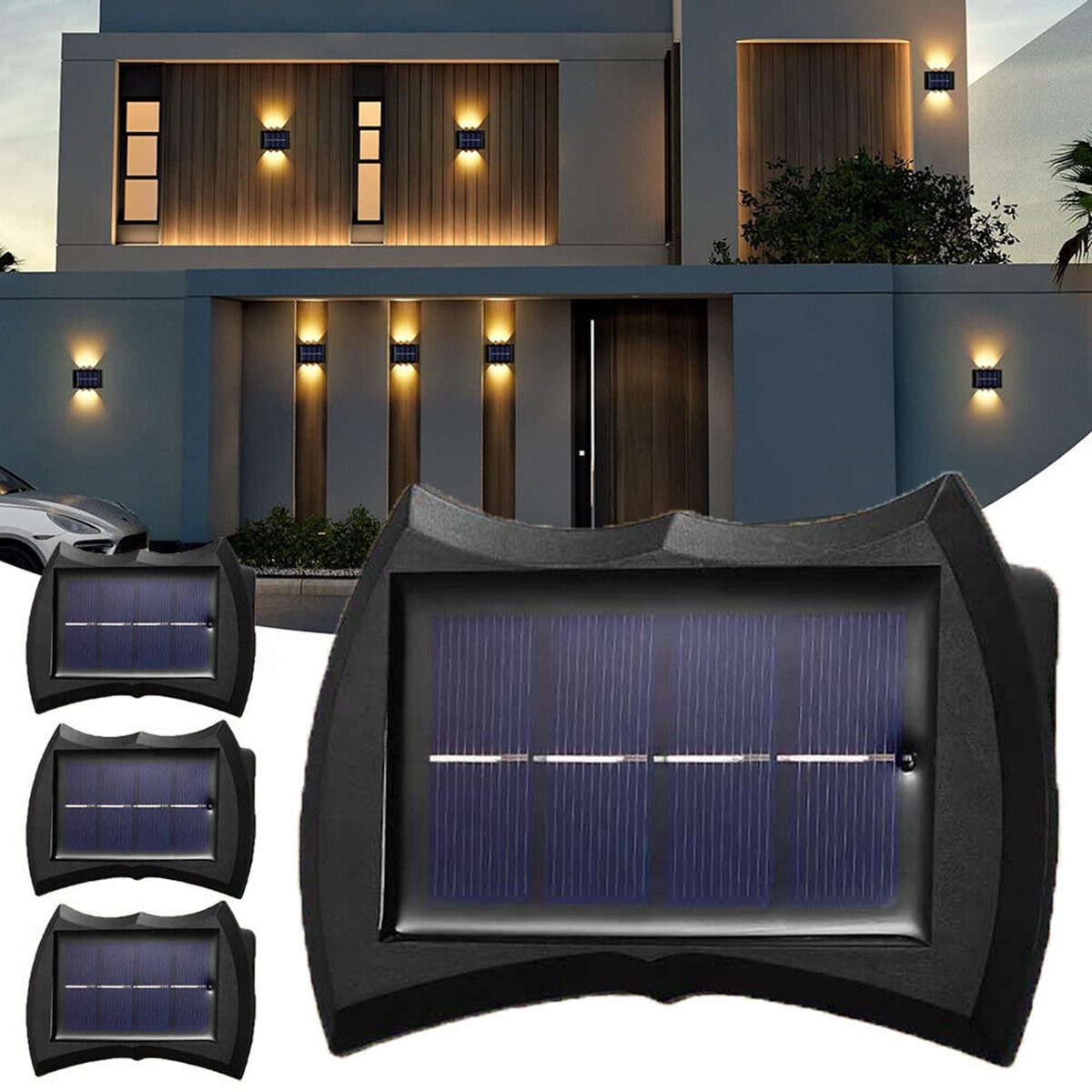 BlingBin LED Wandleuchte Solarlampen Außen Doppelkopf Wandlampen Zaunleuchte Treppen Lampe, Lichtsensor, LED fest integriert, warmes Licht, 6 LED warmes Licht Up&Down Light Dekorative Wandbeleuchtung Solarlicht