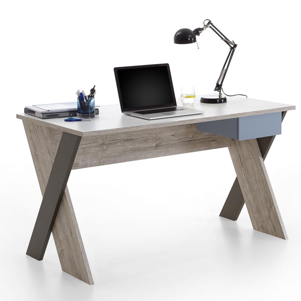 Lomadox Schreibtisch LEEDS-10, Schreibtisch Sandeiche Nb./weiß/Lava/Denim, günstig online kaufen