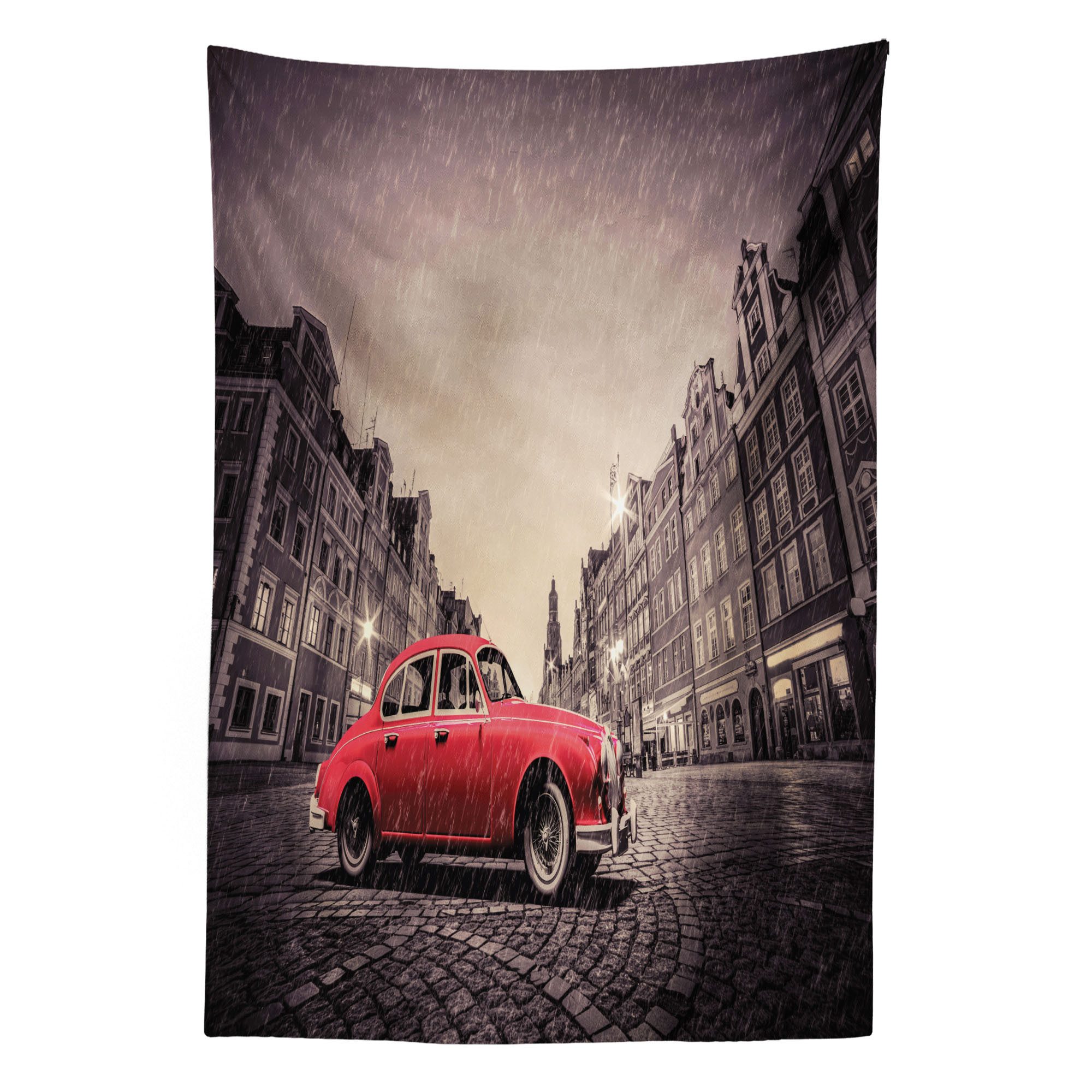 Abakuhaus Wandteppich Wohnzimmer Schlafzimmer Wandtuch Seidiges Satin Wandteppich, rechteckig, Auto Retro-Auto auf Kopfsteinstraße