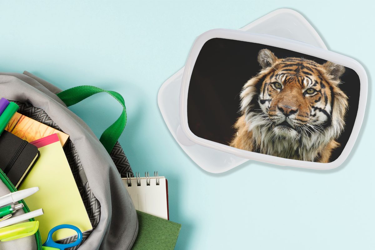 MuchoWow Lunchbox Tiger - und und Kunststoff, Brotbox (2-tlg), Kinder - Erwachsene, Brotdose, für Mädchen für Porträt, Jungs weiß Schwarz