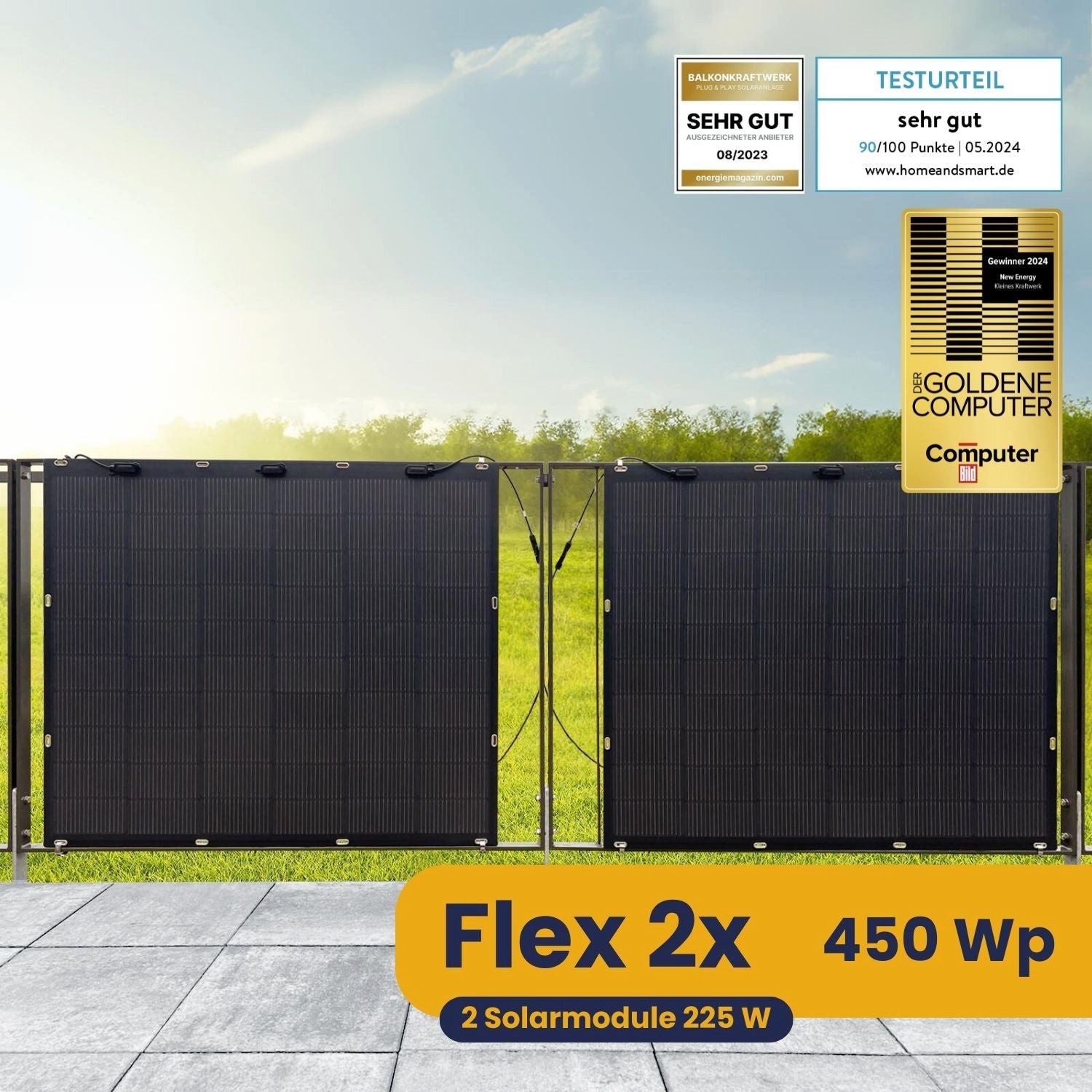 Kleines Kraftwerk Balkonkraftwerk, 450 W, Monokristallin, (2-St), 2 x 225W flexible Solarmodule, Wechselrichter, Solarkabel