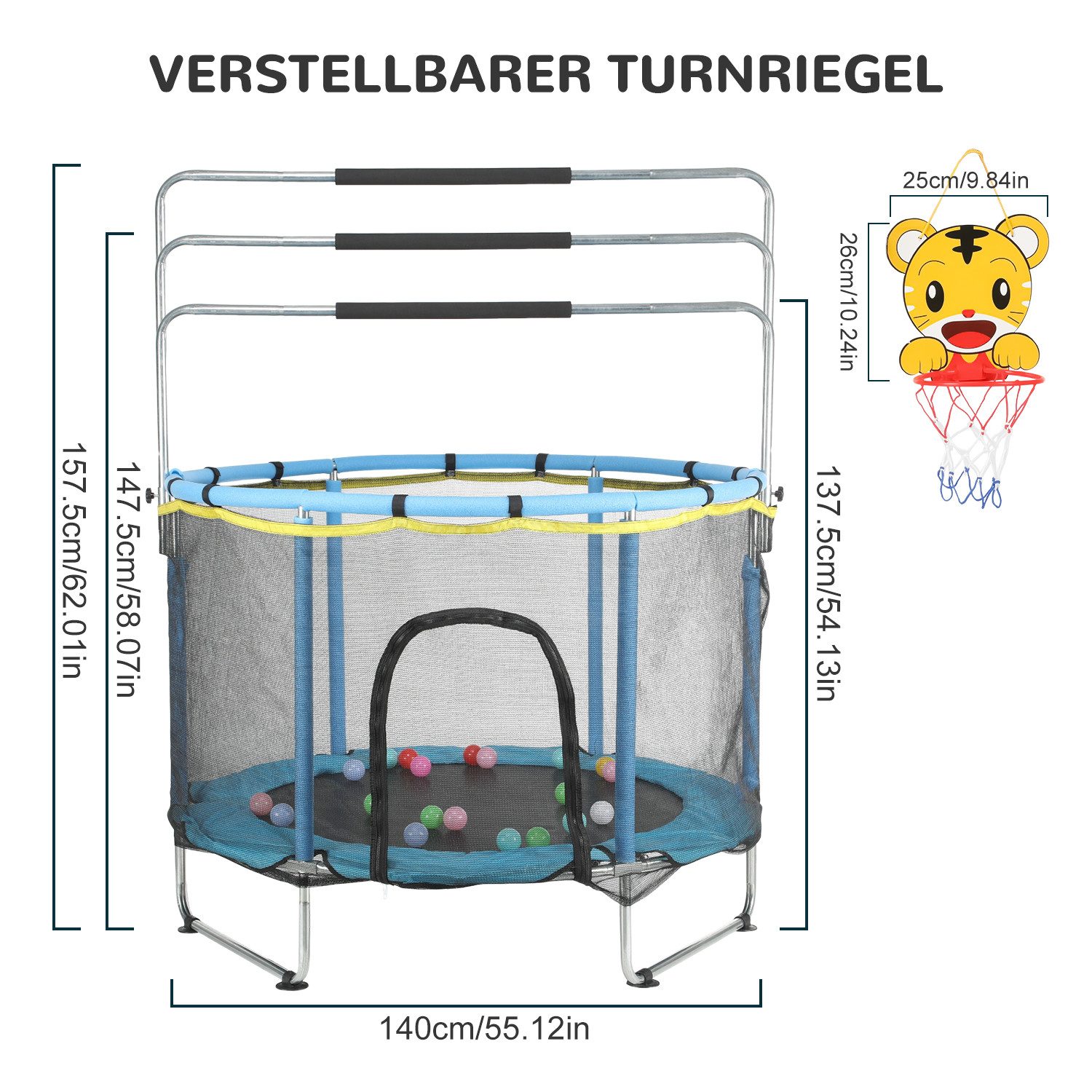 kehot Kindertrampolin Kinder Trampolin mit Sicherheitsnetz,Turnstange, Innen-/Außenbereich, Ø 140 cm, mit 10 kleine Bälle,2 Hängeringe,1 Basketballset,Schaukel,Sandsack