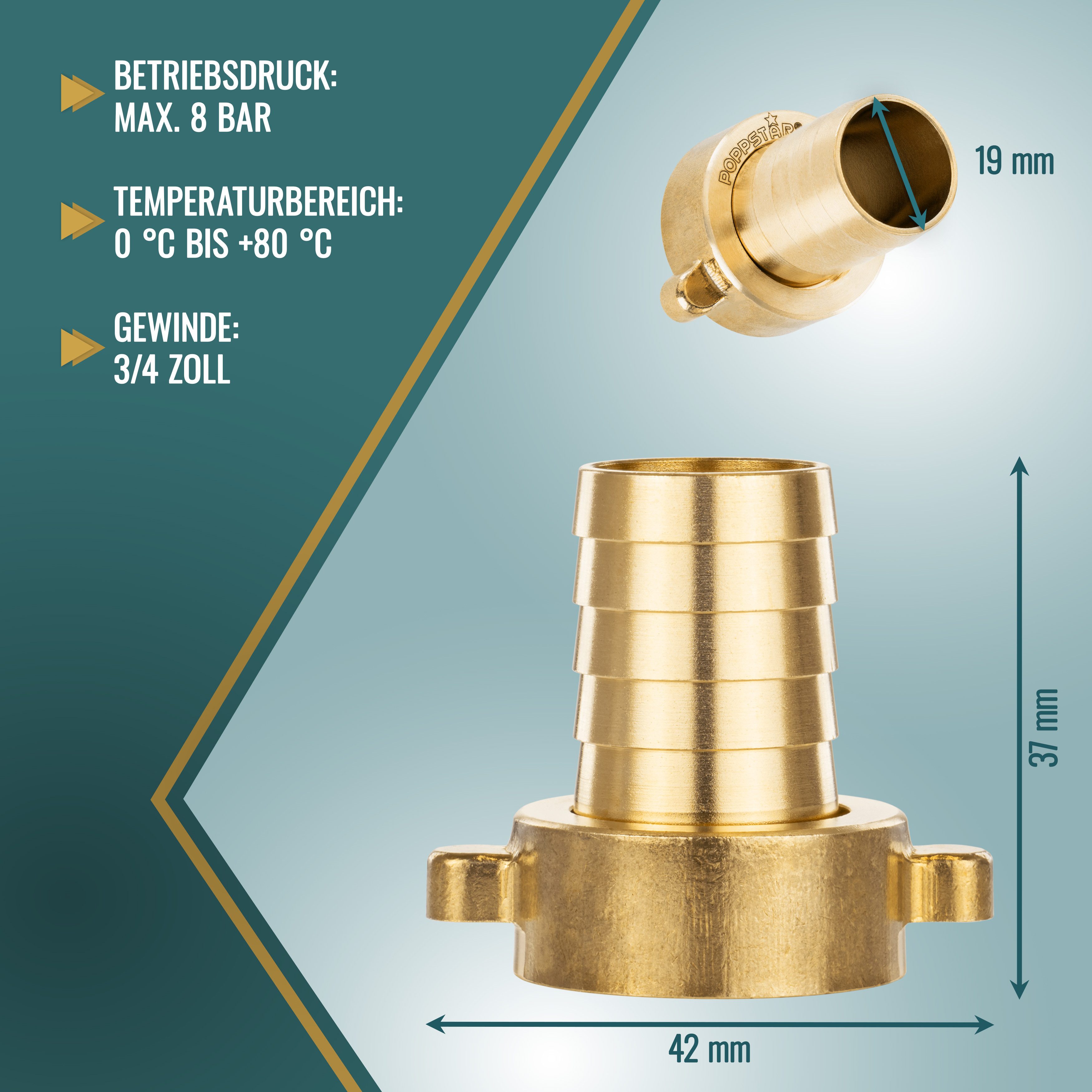Poppstar Schlauchverschraubung 3/4" Messing Schlauchtülle mit Flachdichtung und Überwurfmutter, (1-tlg), 3/4“ Innengewinde auf Schlauchtülle 3/4 Zoll (19mm)