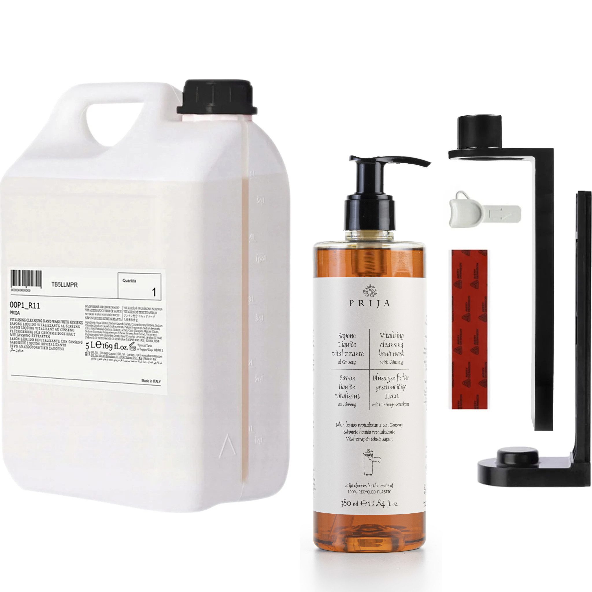 PRIJA Flüssigseife PRIJA Seife Ginseng 5L Nachfüllkanister, 380ml Flakon, Wandhalterung, 1-tlg.