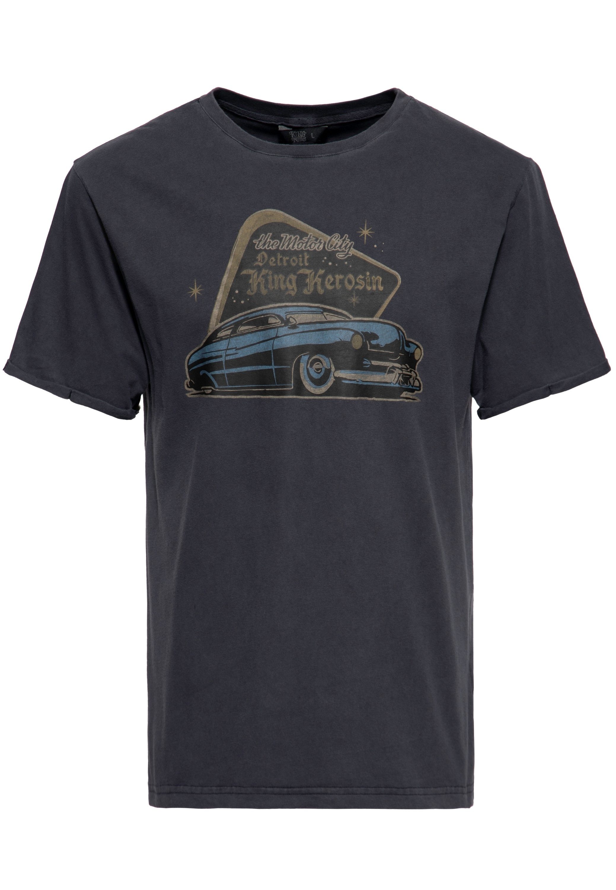 KingKerosin Print-Shirt Detroit Greaser Oil-Washed schwarz