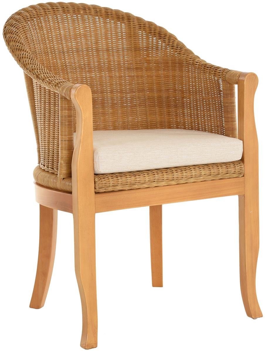 Krines Home Relaxsessel Rattan-Sessel mit Holzbeinen, Sessel aus echtem Rattan- mit Polster, Rattanstuhl, Clubsessel