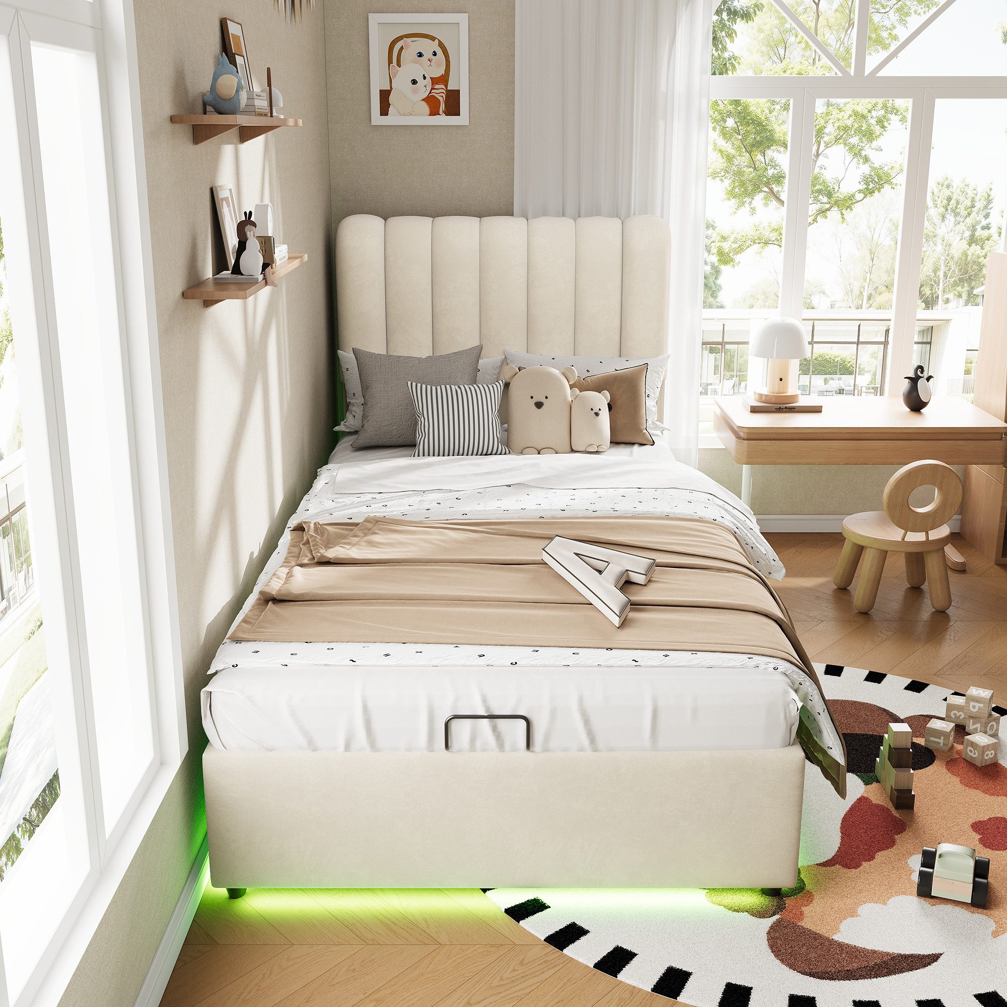TavilaEcon Boxspringbett Stauraumbett mit großem Stauraum, 3 Schubladen und LED-Lichtleiste (1-St), mit weichem Samtbezug, 90×200cm, beige
