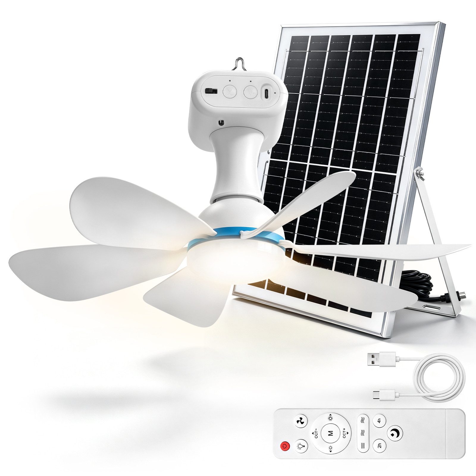 XIIW Deckenventilator Dimmbar LED Ventilator mit Solarpanel Timer Fernbedienung 3 Stufen, 13W Solarpanel & 6000mAh Akku, Tragbarer Camping Deckenlampe mit Fan