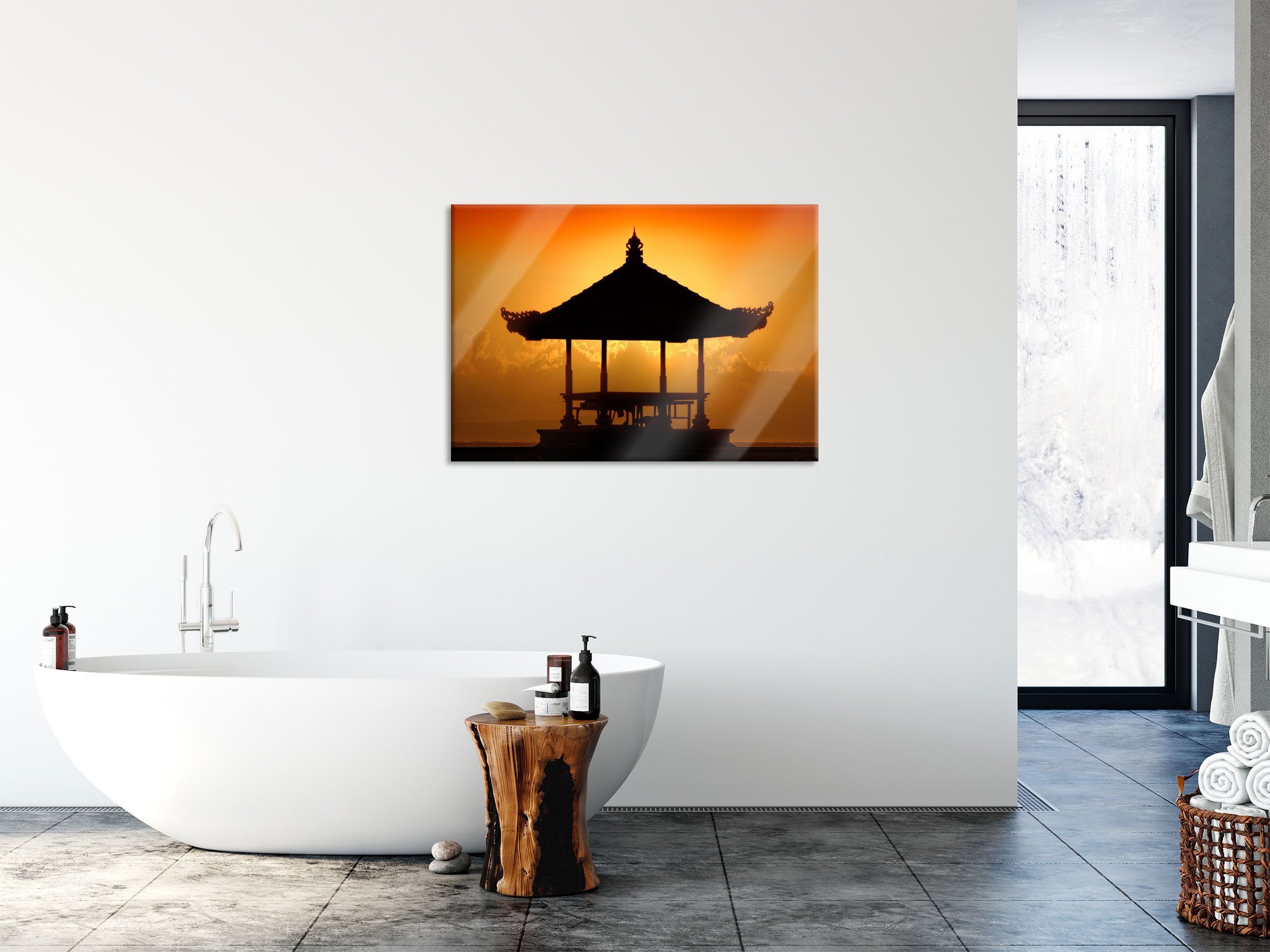 aus Pixxprint Abstandshalter Bali in und inkl. Bali Pagode Sonnenuntergang St), Sonnenuntergang, Echtglas, (1 Glasbild im Pagode im Glasbild Aufhängungen in