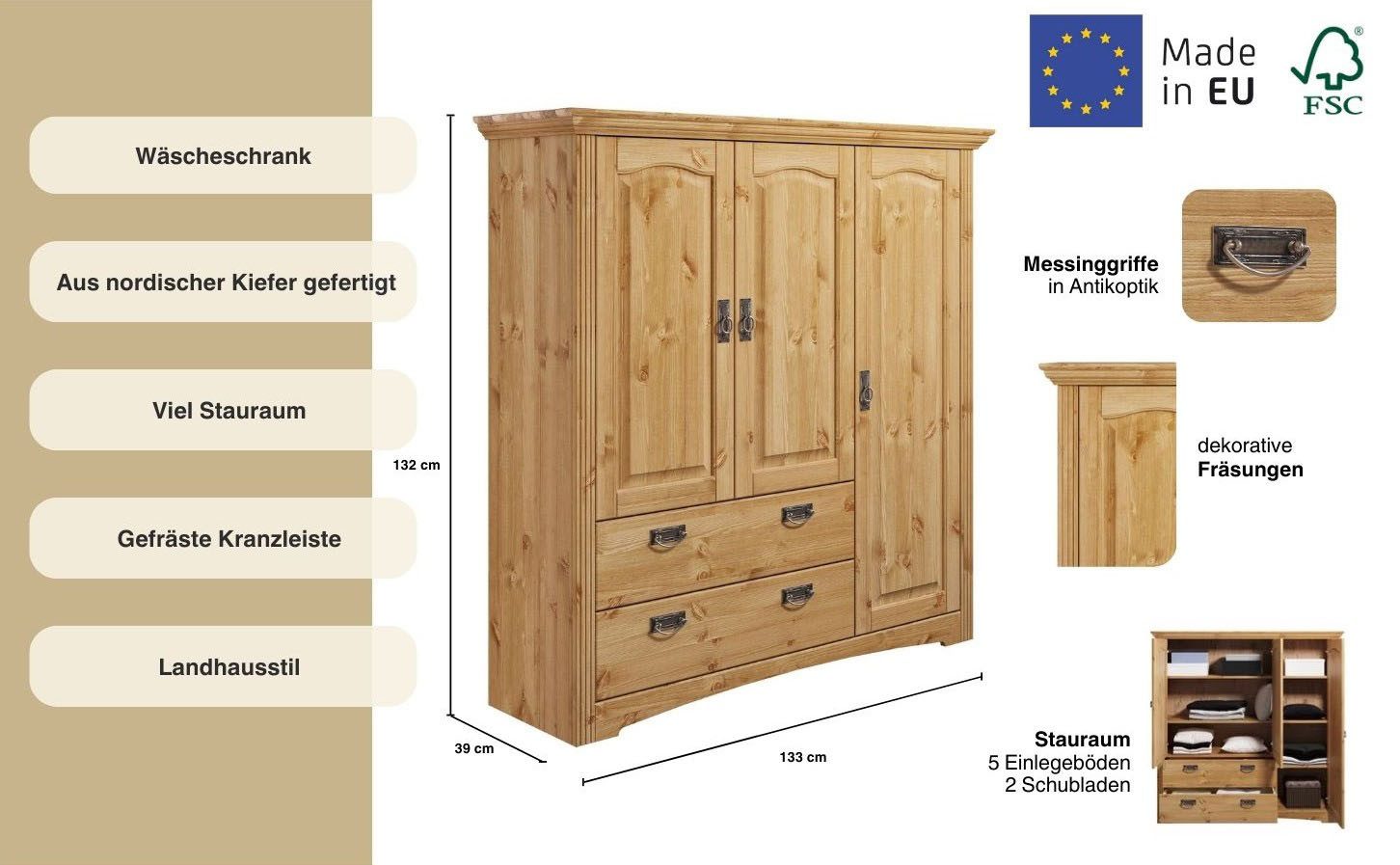 OTTO home Wäscheschrank Konrad (2 Breiten: 94/133 cm H/T ca. 132/39 cm) aus massiver Kiefer, mit viel Stauraum