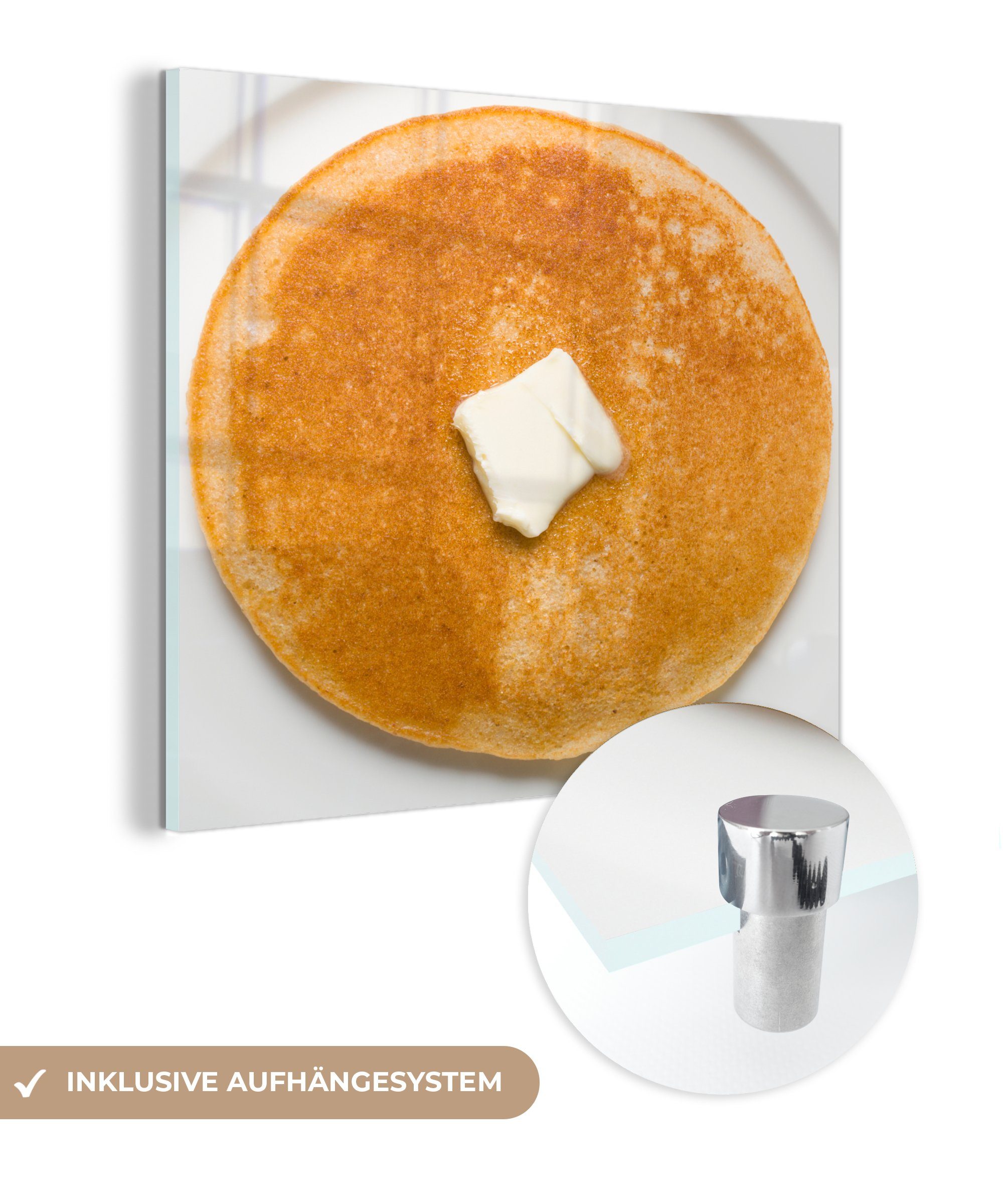 MuchoWow Acrylglasbild Ein Pfannkuchen mit Butter auf einem Teller, (1 St), Glasbilder - Bilder auf Glas Wandbild - Foto auf Glas - Wanddekoration