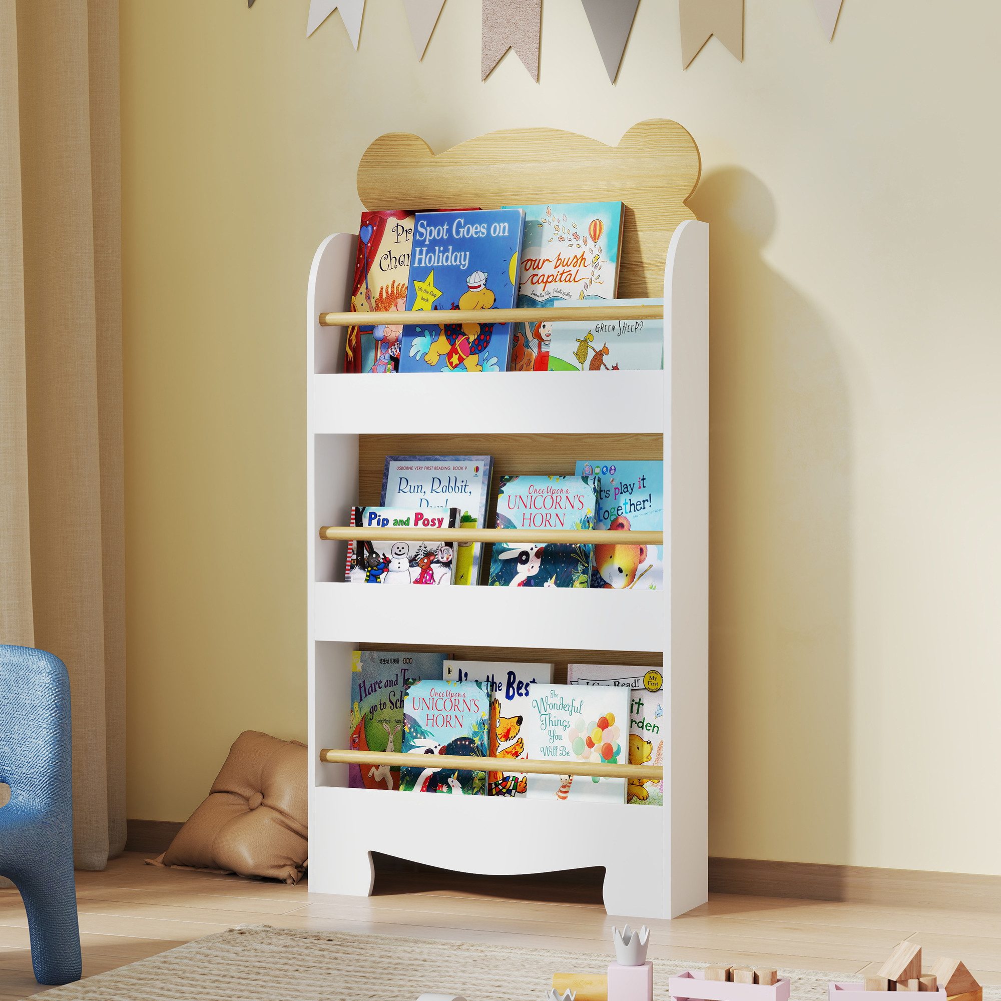 furnicato Kinderregal Bärenförmiges Kinderbücherregal 55L x 15B x 110H cm, 1-tlg., Kippsicheres Spielzeugregal mit Schutzgittern und abgerundeten Kanten