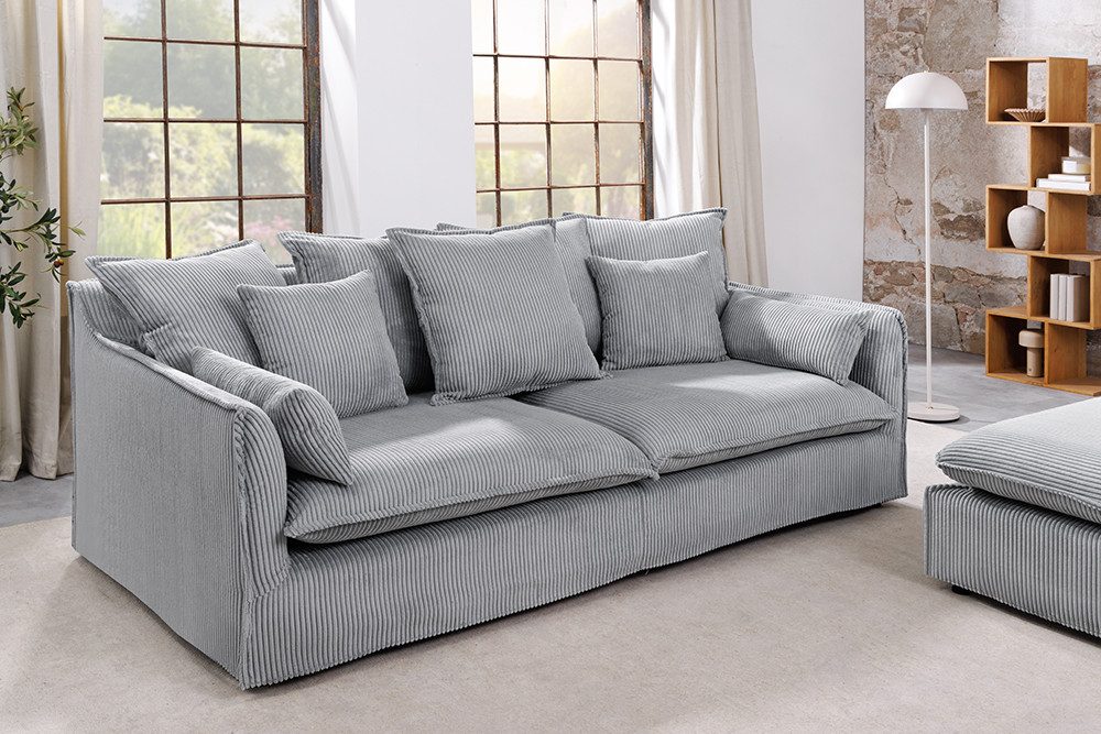 riess-ambiente 3-Sitzer HEAVEN 200cm hellgrau - Cord, Federkern, Polster, abnehmbarer Bezug, Einzelartikel 1 Teile, Großes Hussensofa inkl. Kissen - ideal für große Wohnzimmer & Familien