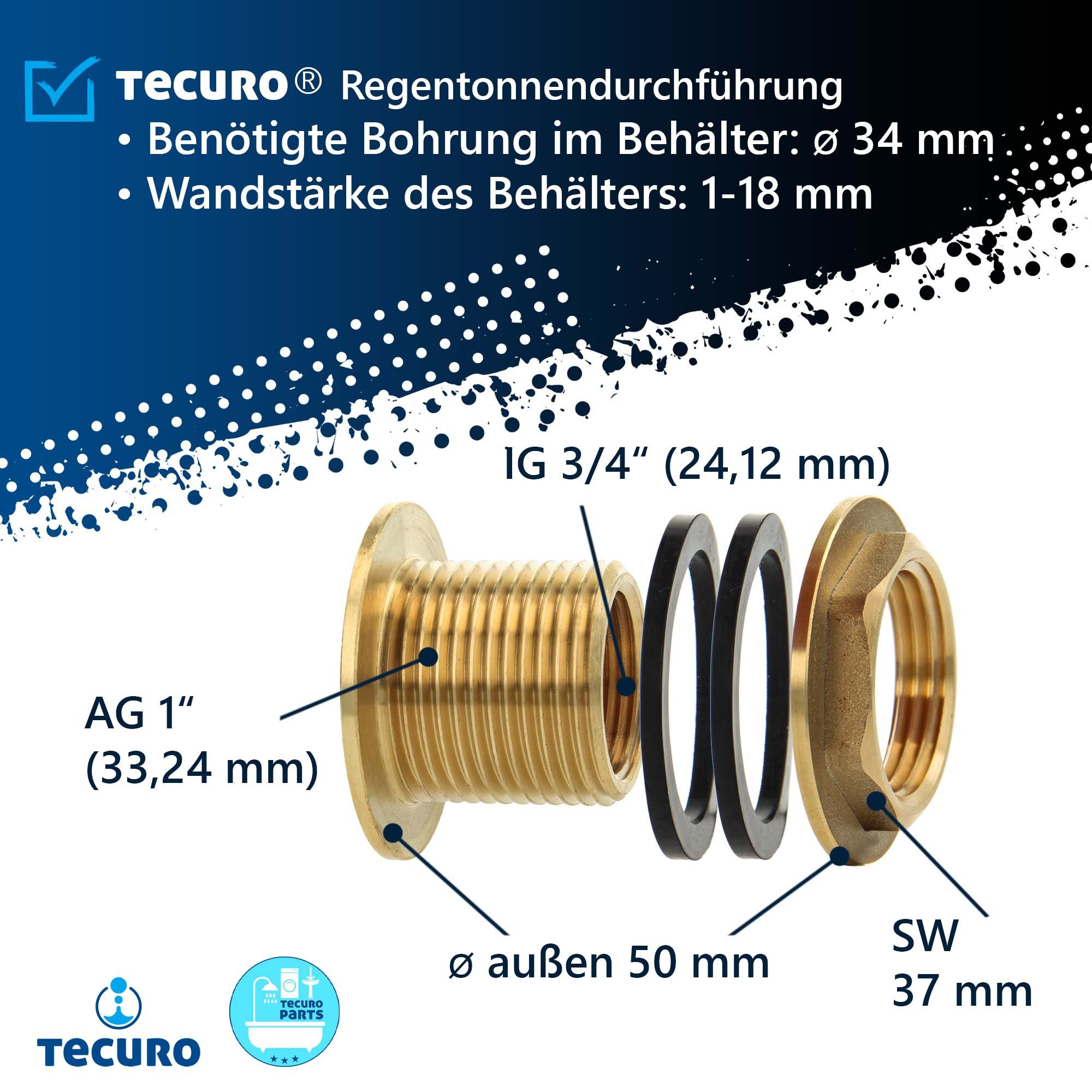 tecuro Gewindefitting Regentonnendurchführung IG 3/4 x AG 1 Zoll – Bild 5 von 5